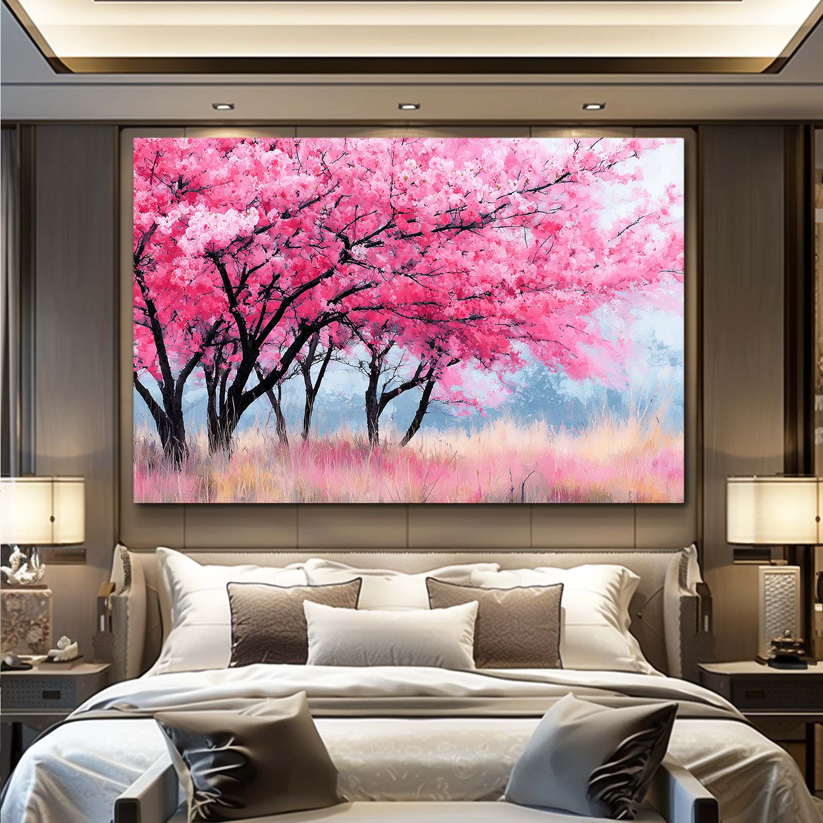 Pink Meadow Trees Cherry Blossom Canvas Art – styled in a furnished interior