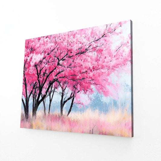 Pink Meadow Trees Cherry Blossom Canvas Art – angled canvas view on white background
