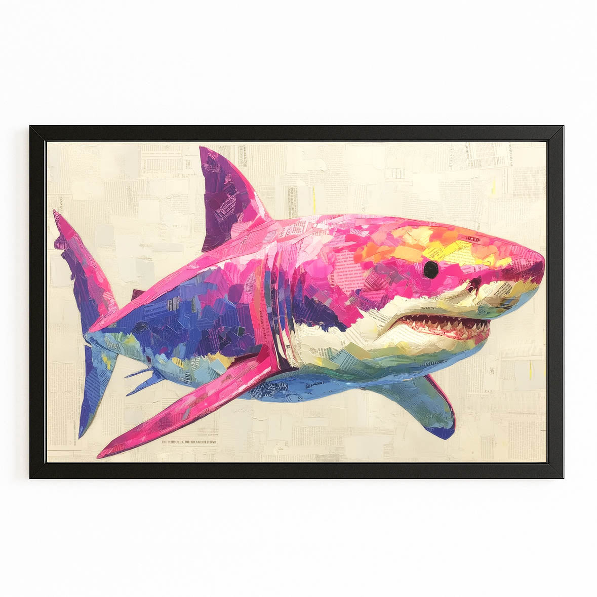 Pink Pop Sketch Shark Art – with Premium Black frame on white background