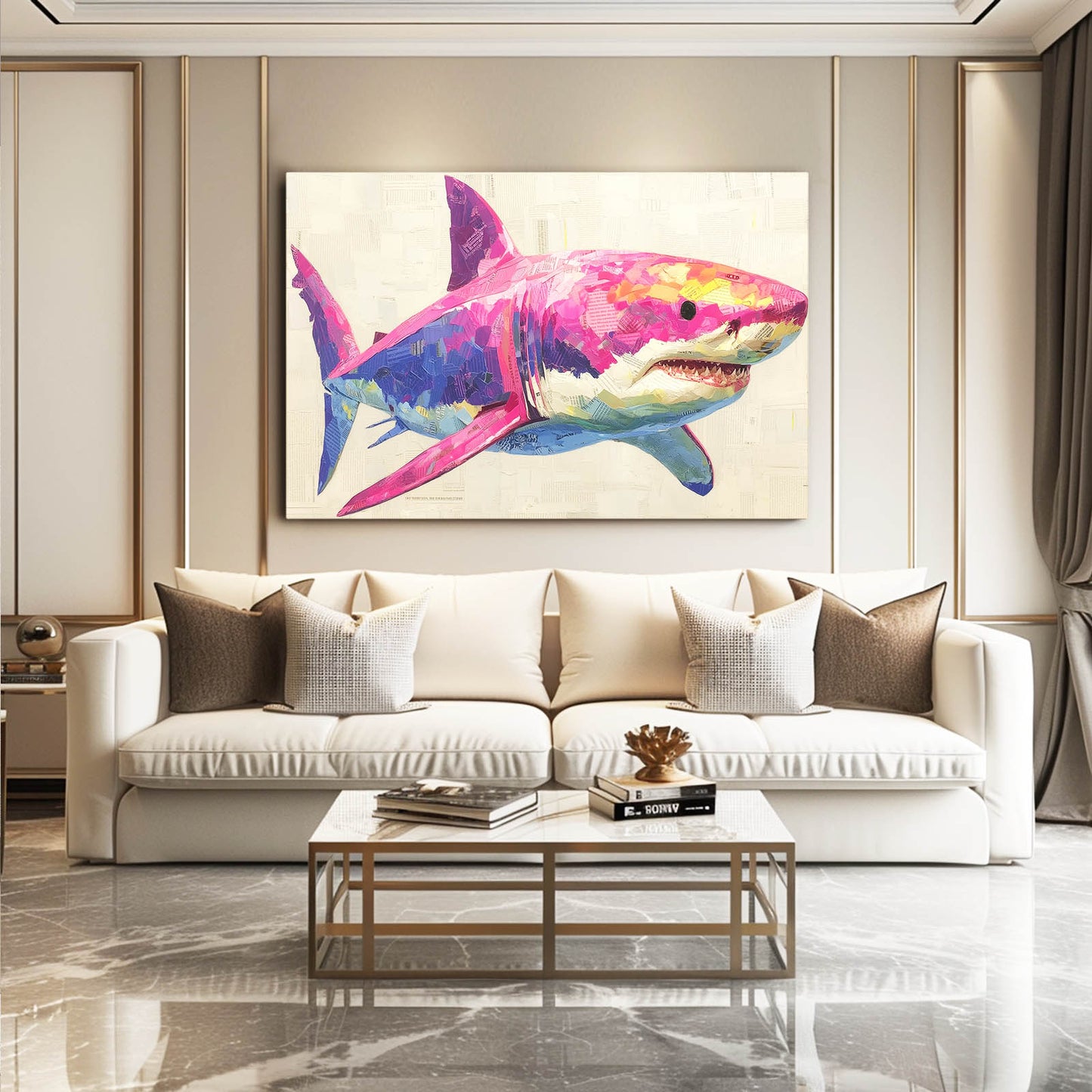 Pink Pop Sketch Shark Art – styled in a furnished interior