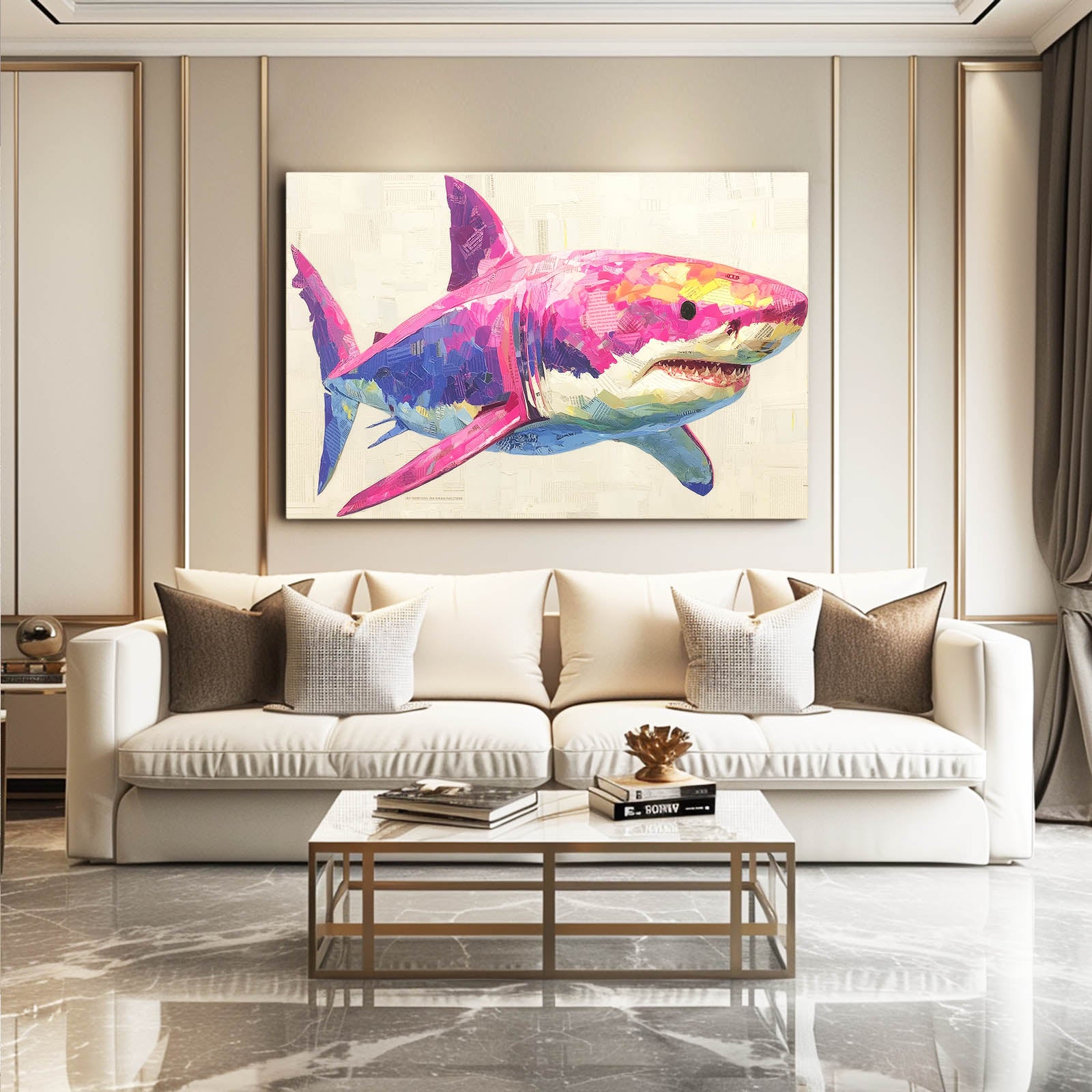 Pink Pop Sketch Shark Art – styled in a furnished interior