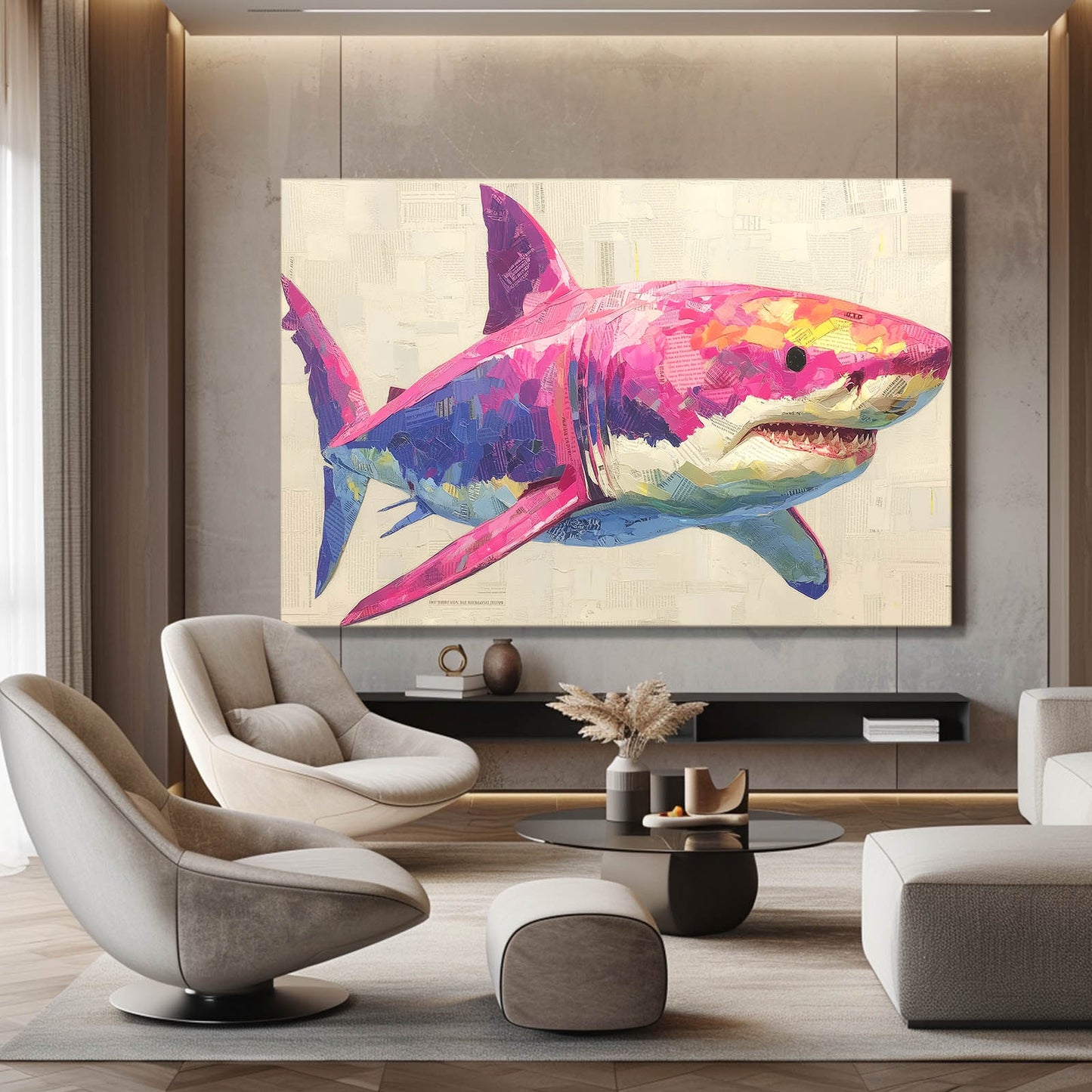 Pink Pop Sketch Shark Art – styled in a furnished interior