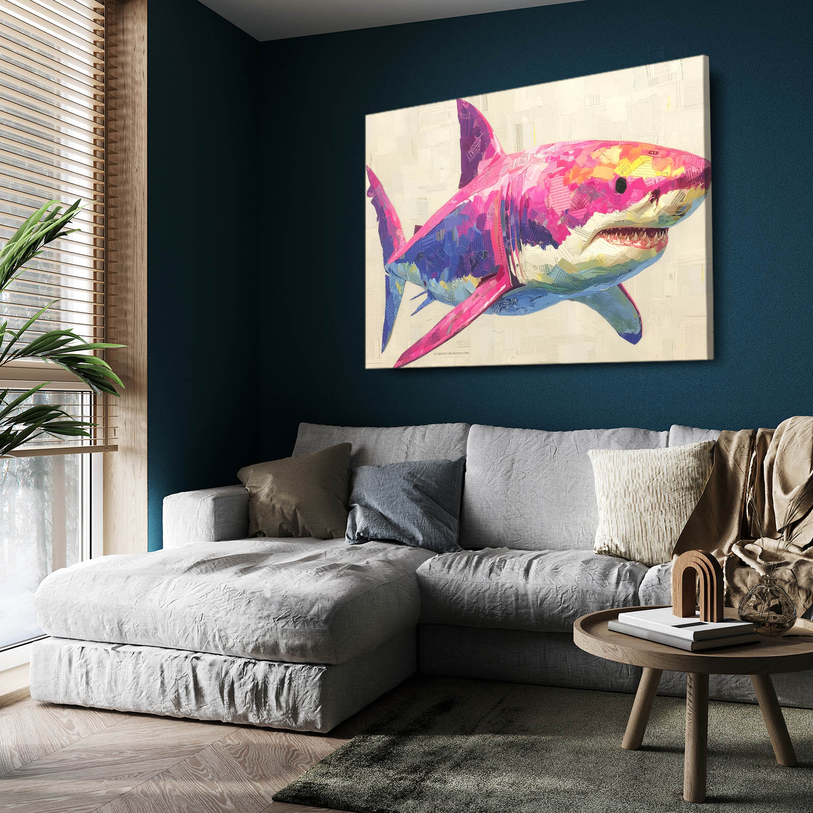 Pink Pop Sketch Shark Art – styled in a furnished interior