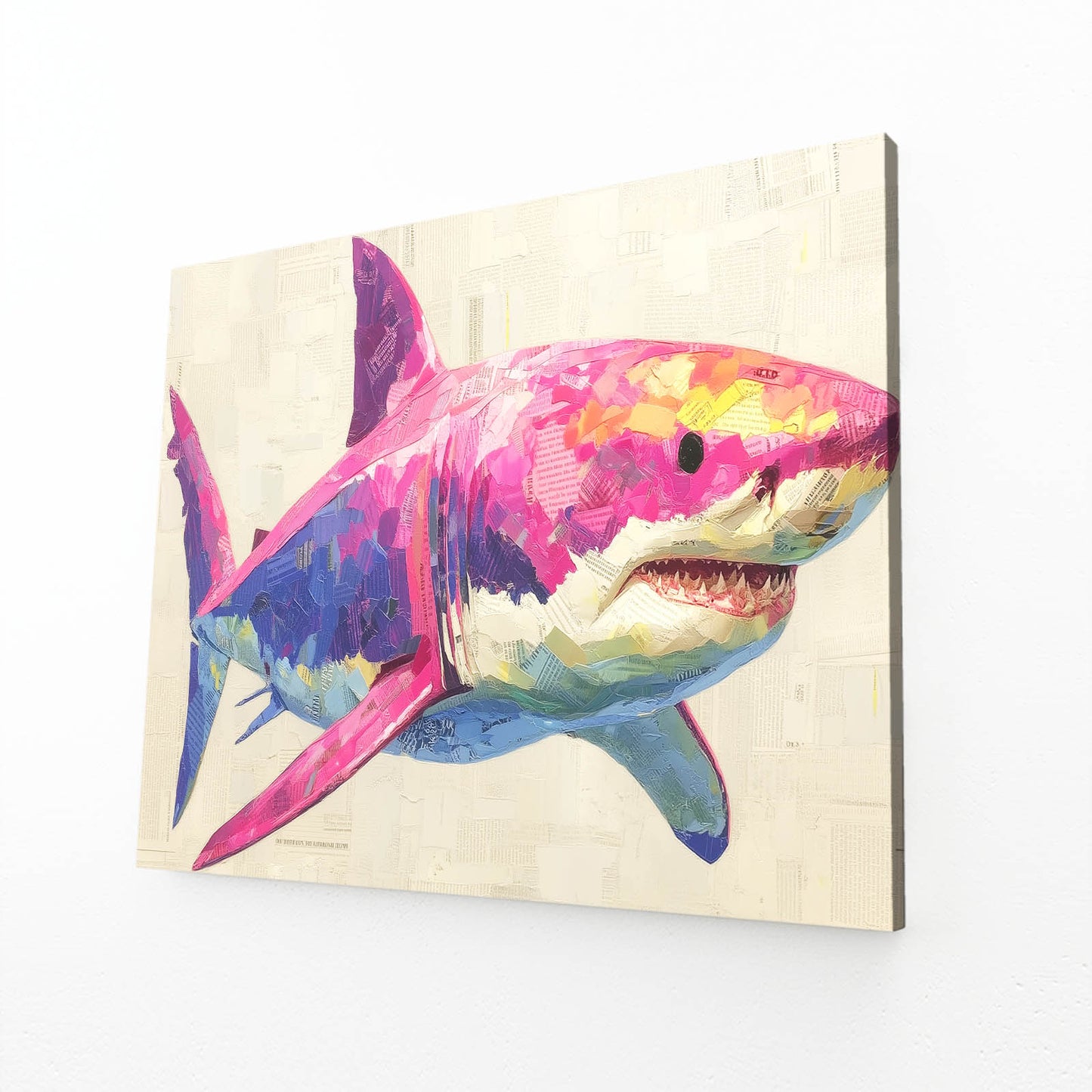 Pink Pop Sketch Shark Art – angled canvas view on white background