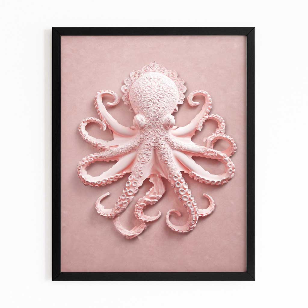 Pink Relief Sculpture Octopus Canvas – with Premium Black frame on white background