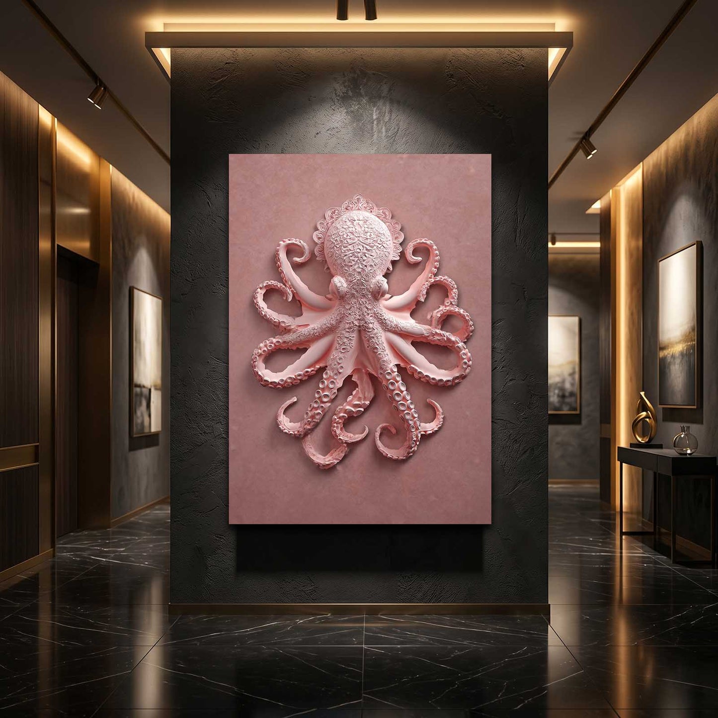 Pink Relief Sculpture Octopus Canvas – styled in a furnished interior