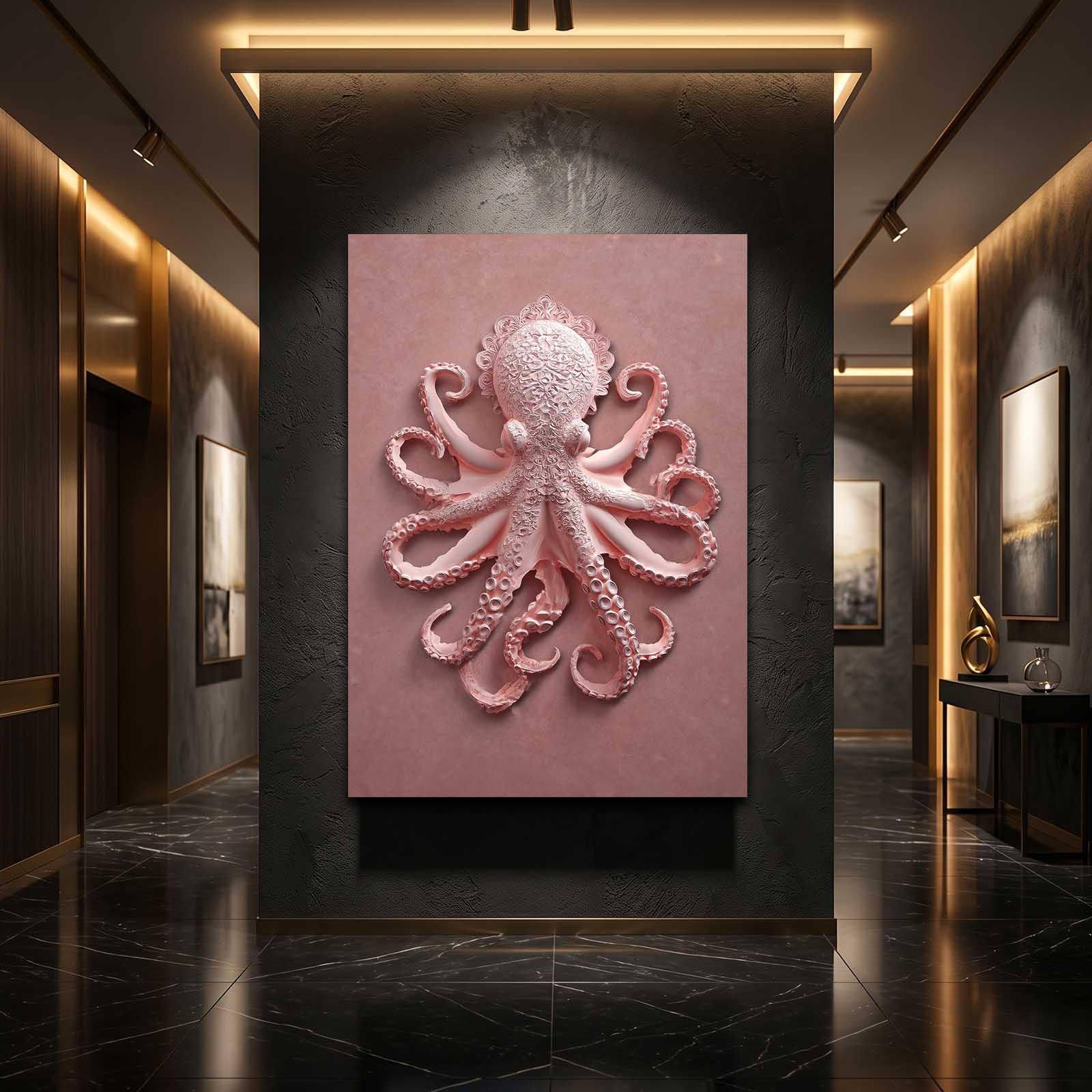 Pink Relief Sculpture Octopus Canvas – styled in a furnished interior