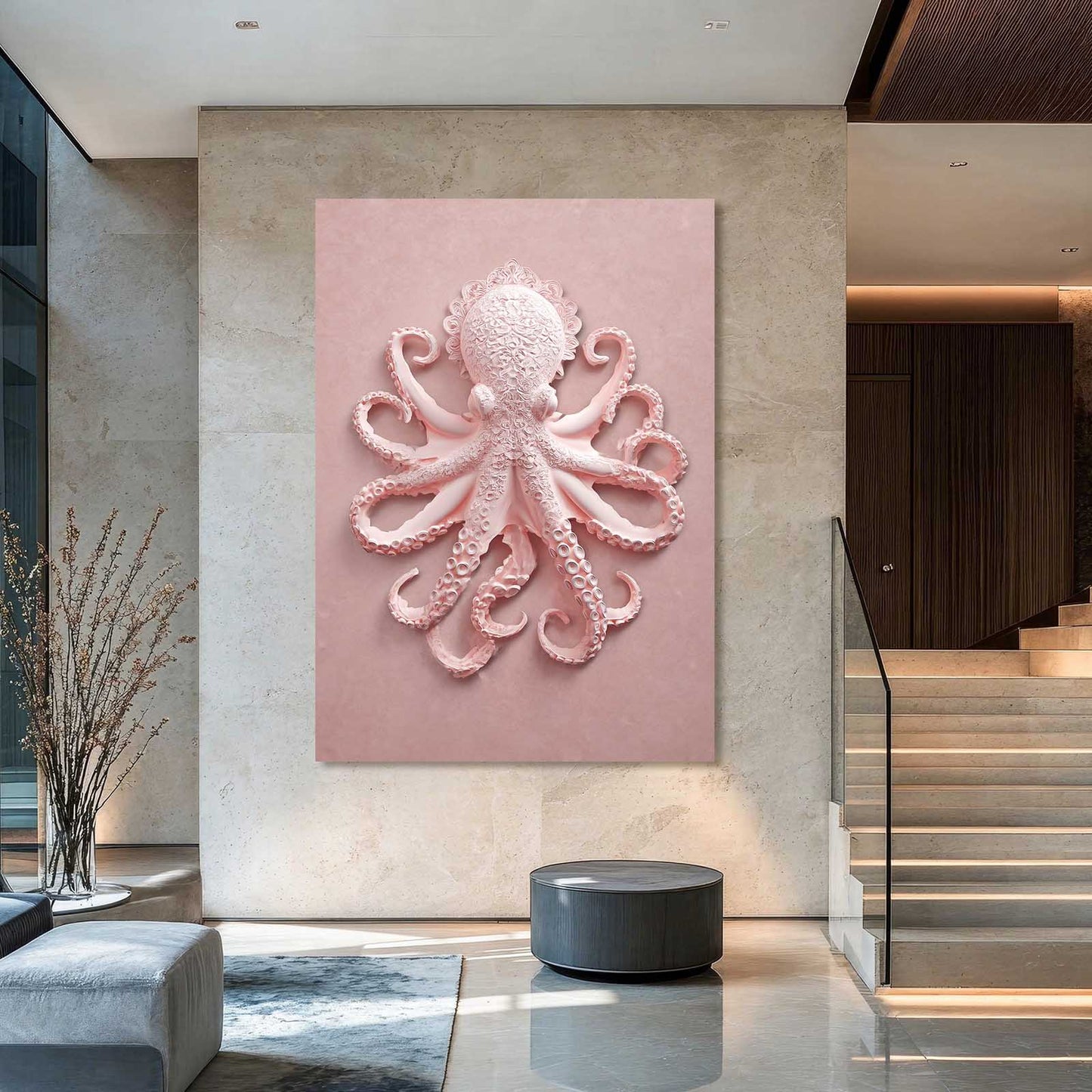 Pink Relief Sculpture Octopus Canvas – styled in a furnished interior