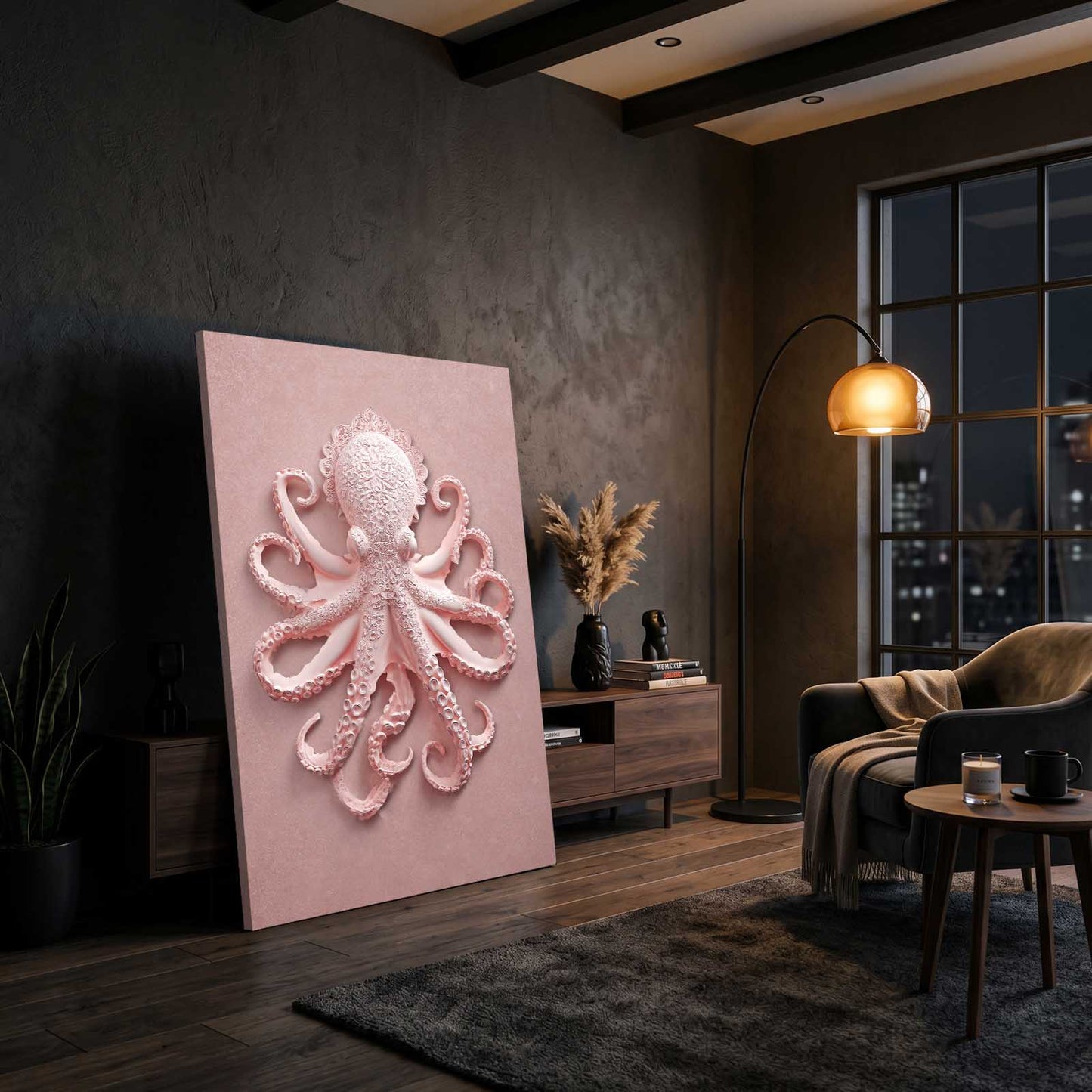 Pink Relief Sculpture Octopus Canvas – styled in a furnished interior