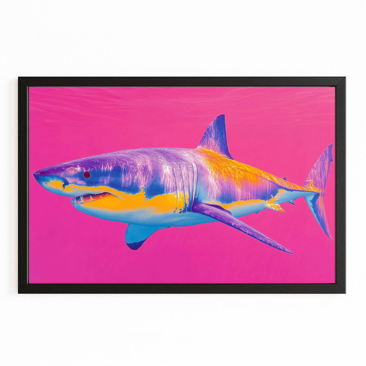Pink Retro Pop Shark Canvas – with Premium Black frame on white background