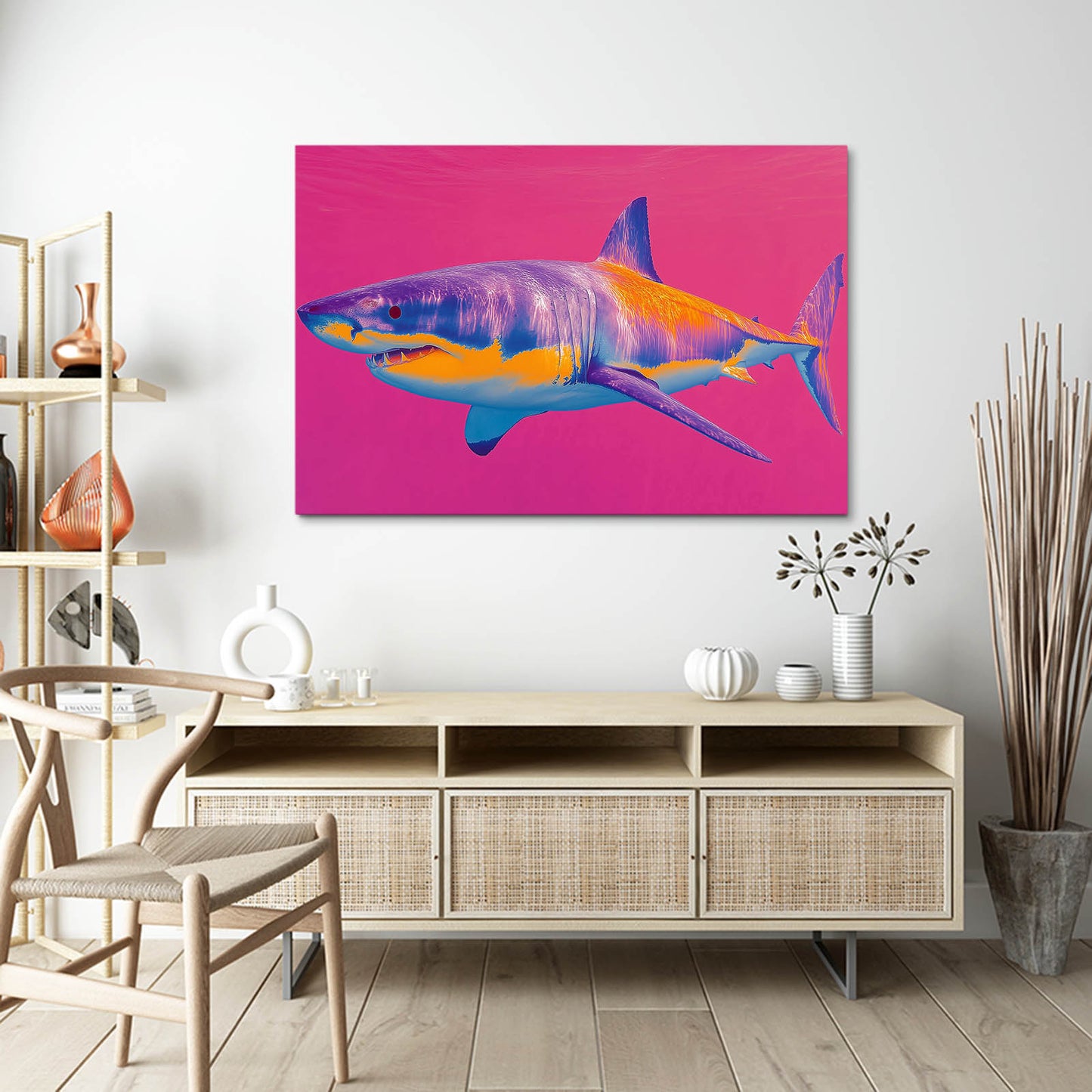 Pink Retro Pop Shark Canvas – styled in a furnished interior