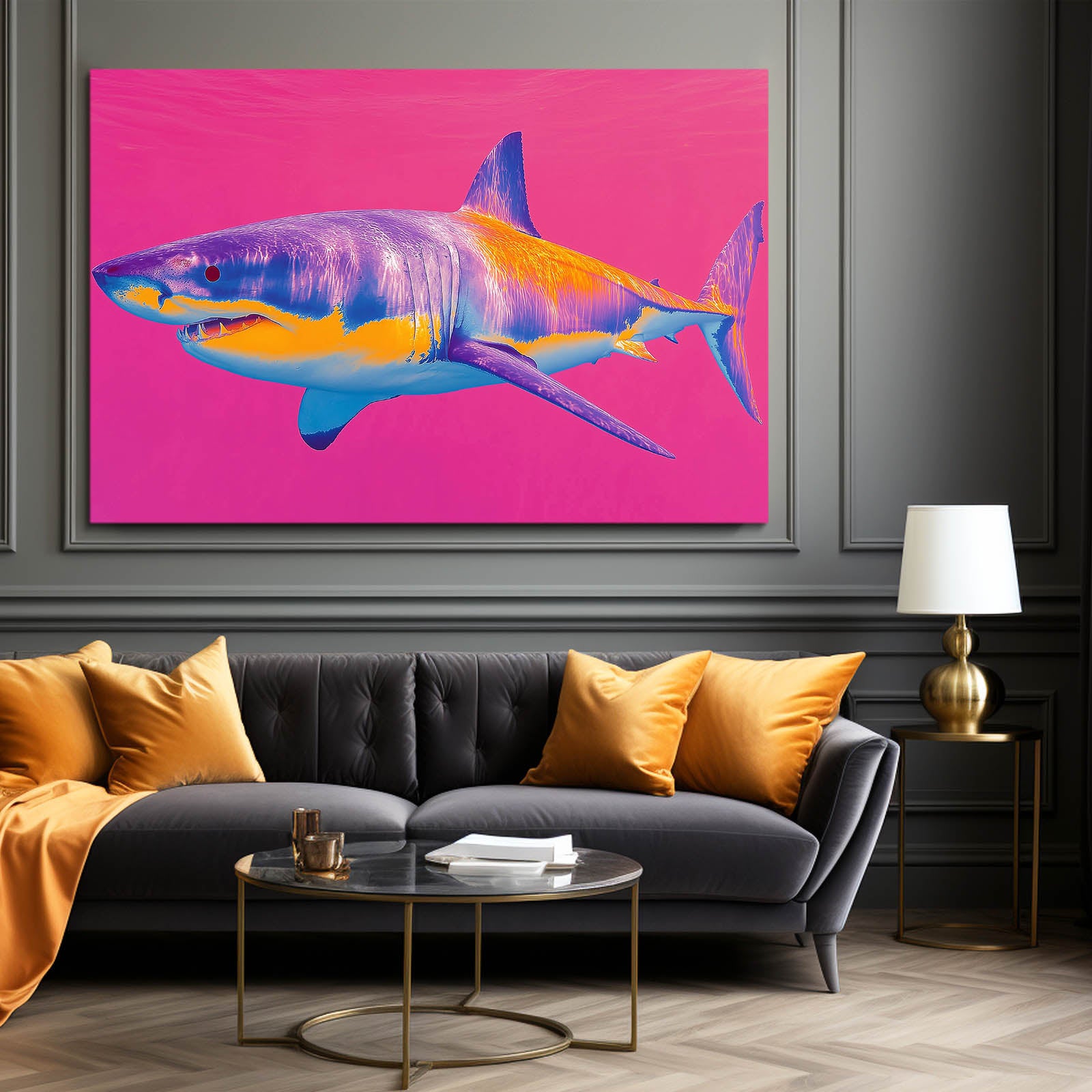 Pink Retro Pop Shark Canvas – styled in a furnished interior