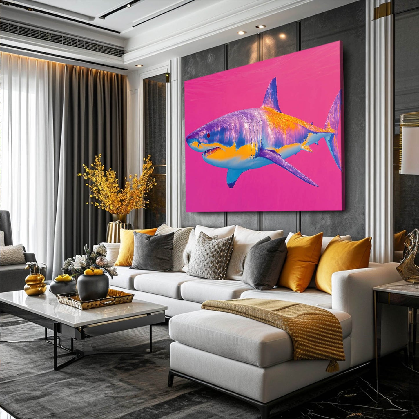 Pink Retro Pop Shark Canvas – styled in a furnished interior