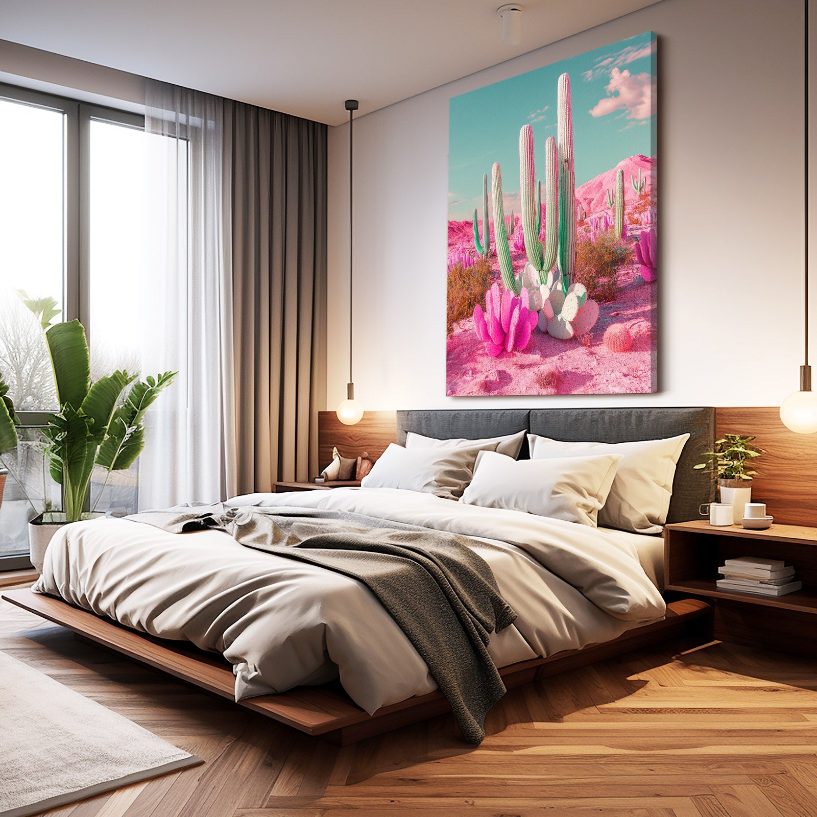 Pink Sand Dreamscape Cactus Prints – styled in a furnished interior