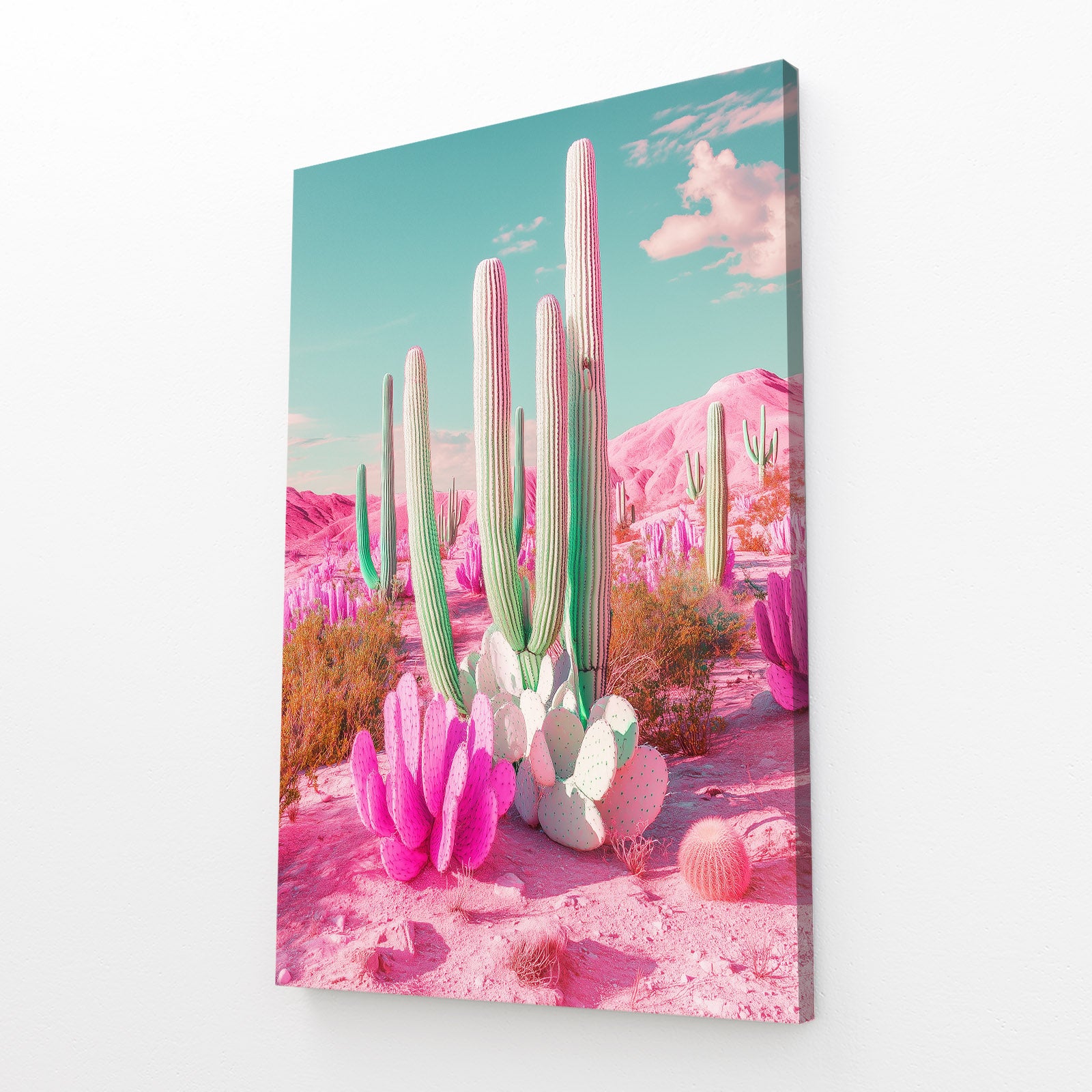 Pink Sand Dreamscape Cactus Prints – angled canvas view on white background