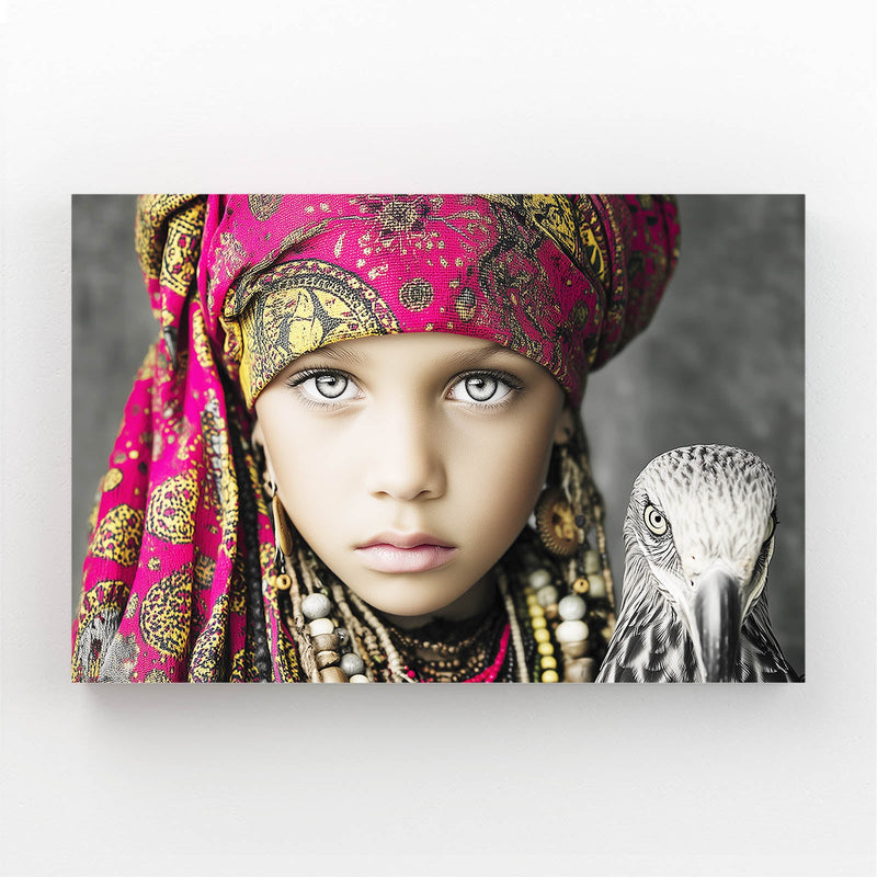 Pink Scarf Photography Wall Decor – girl with striking eyes in a pink floral headscarf