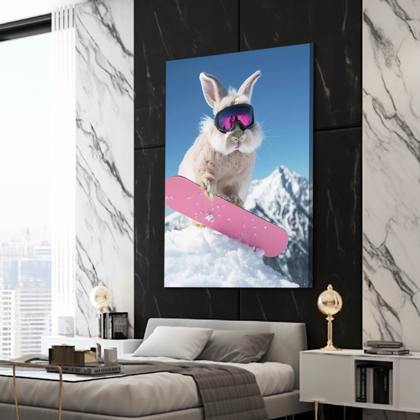 Pink Skateboard Bunny Wall Art – angled canvas view on white background