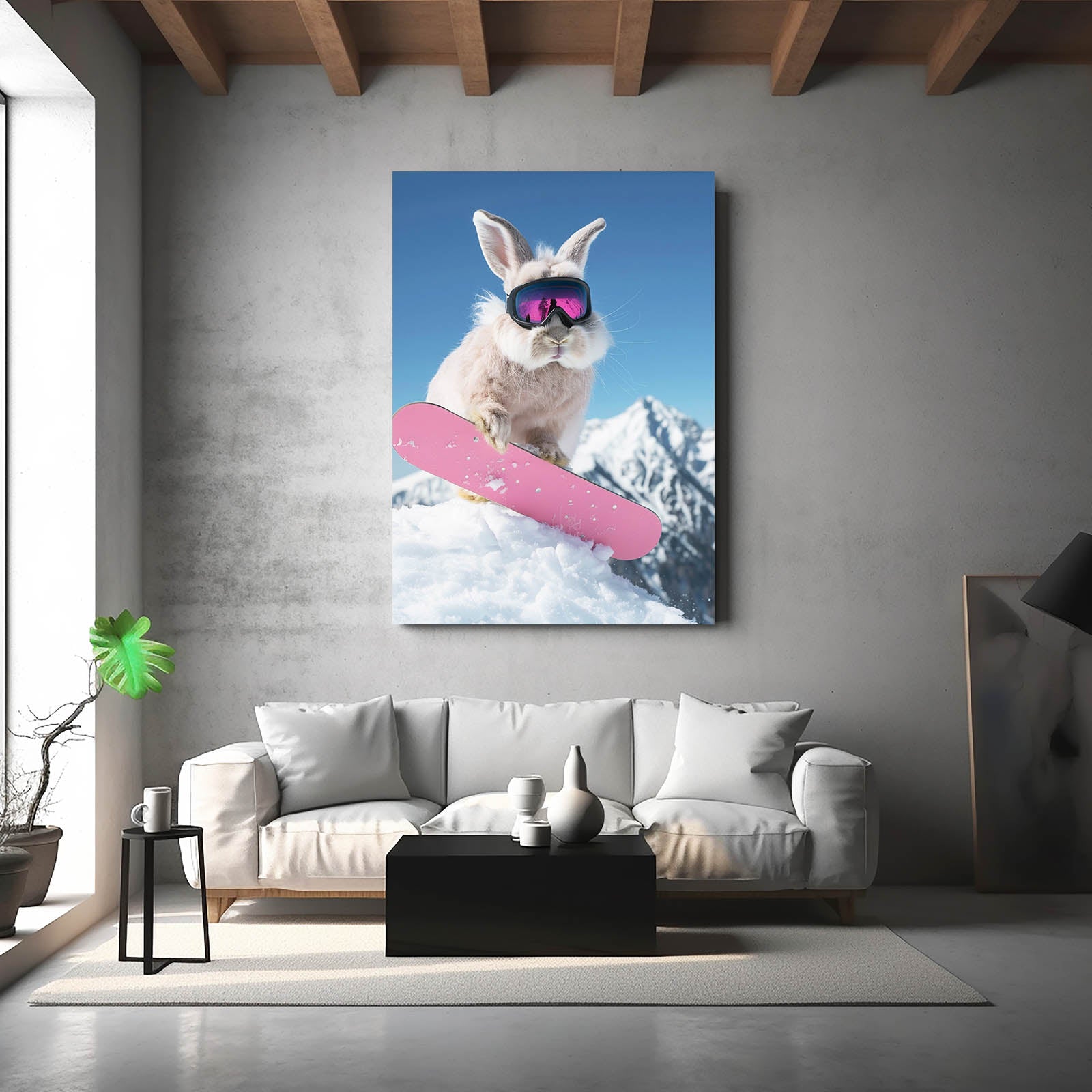 Pink Skateboard Bunny Wall Art – angled canvas view on white background