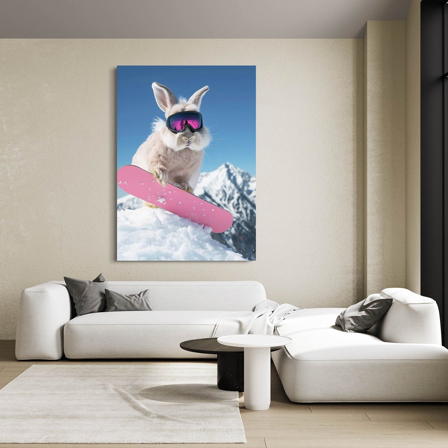 Pink Skateboard Bunny Wall Art – angled canvas view on white background