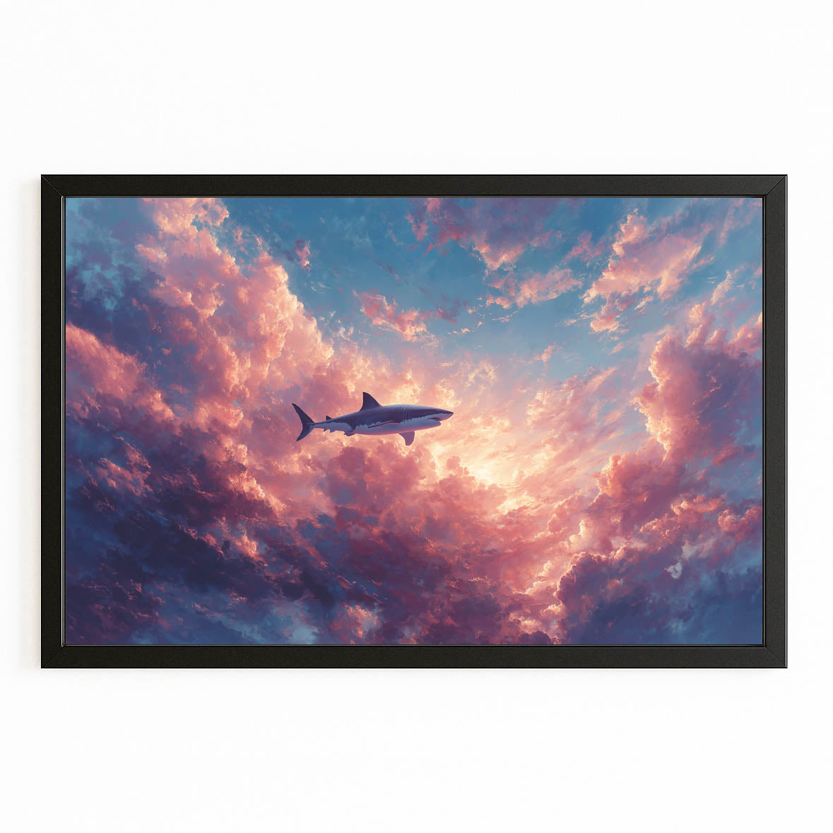 Pink Sky Dream Shark Canvas – with Premium Black frame on white background