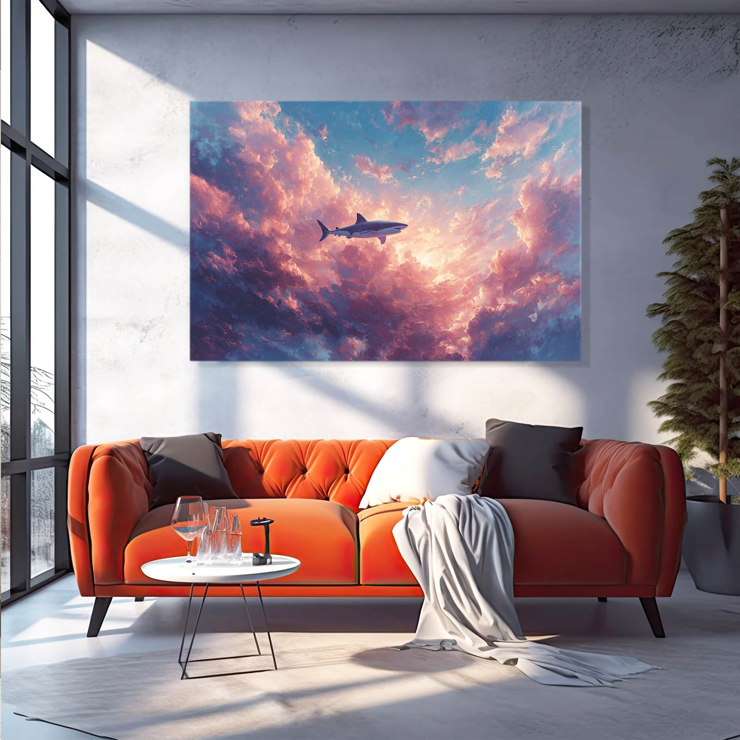 Pink Sky Dream Shark Canvas – styled in a furnished interior