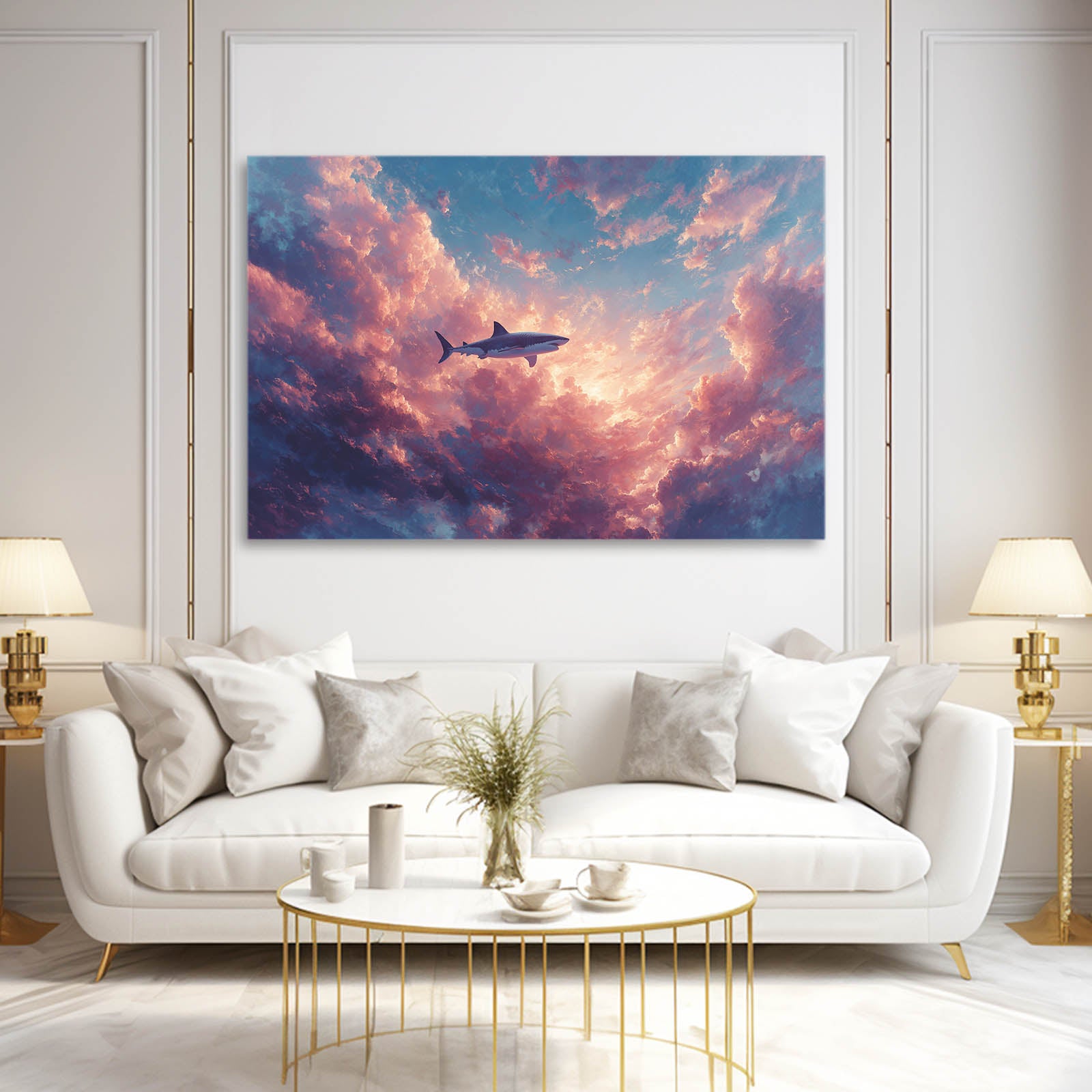 Pink Sky Dream Shark Canvas – styled in a furnished interior