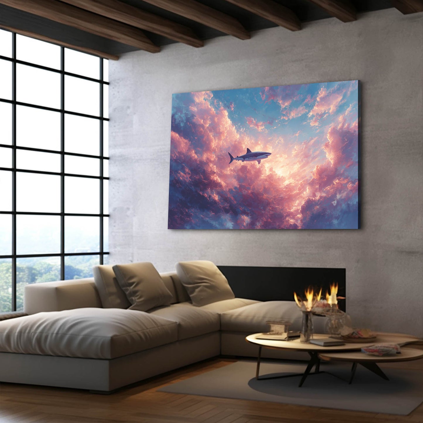 Pink Sky Dream Shark Canvas – styled in a furnished interior