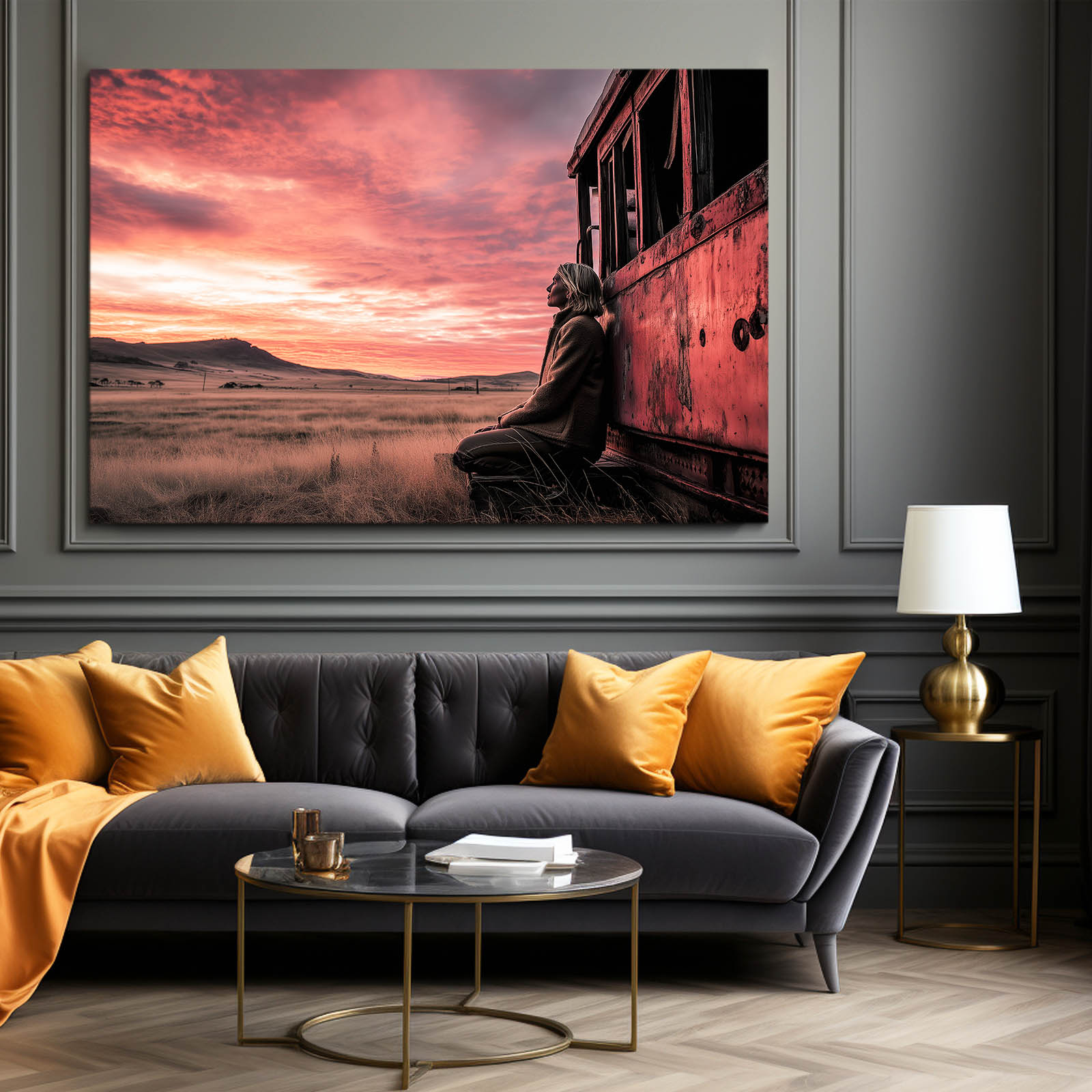 Pink Sunset Train Photography Prints – styled in a furnished interior