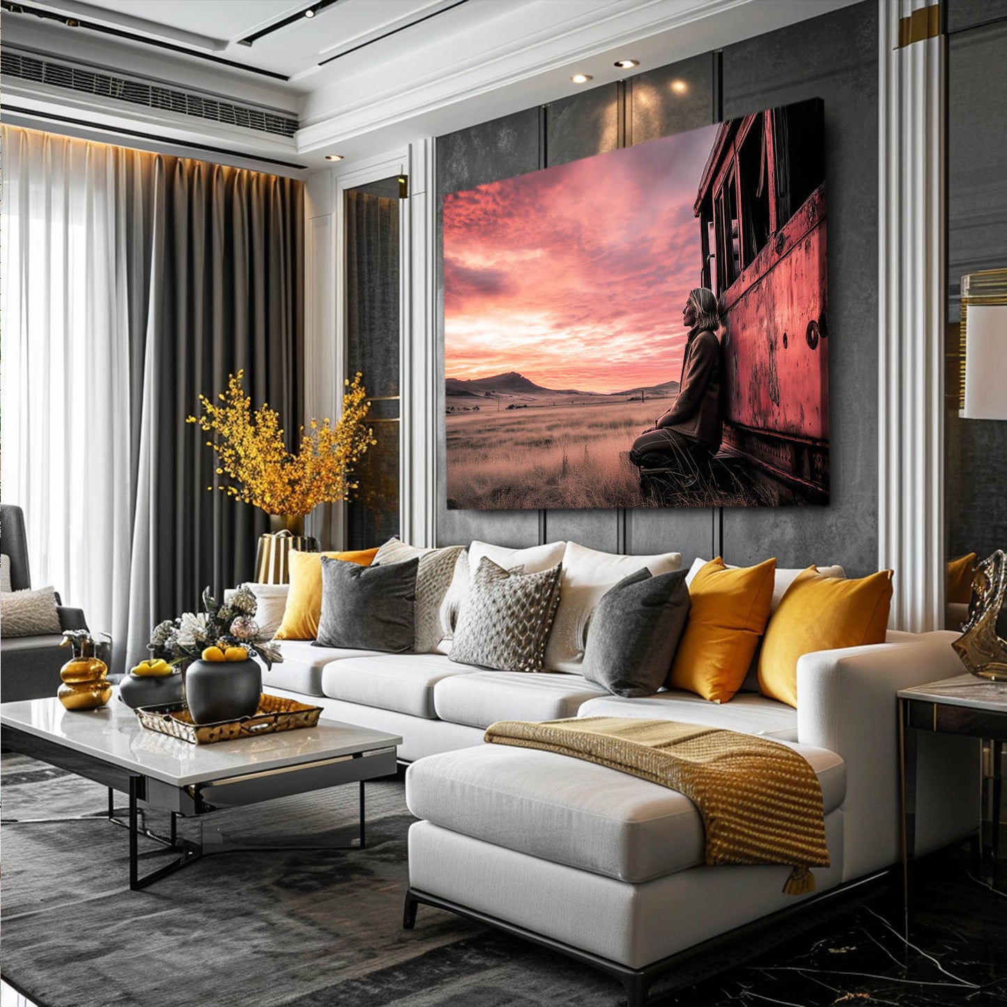 Pink Sunset Train Photography Prints – styled in a furnished interior