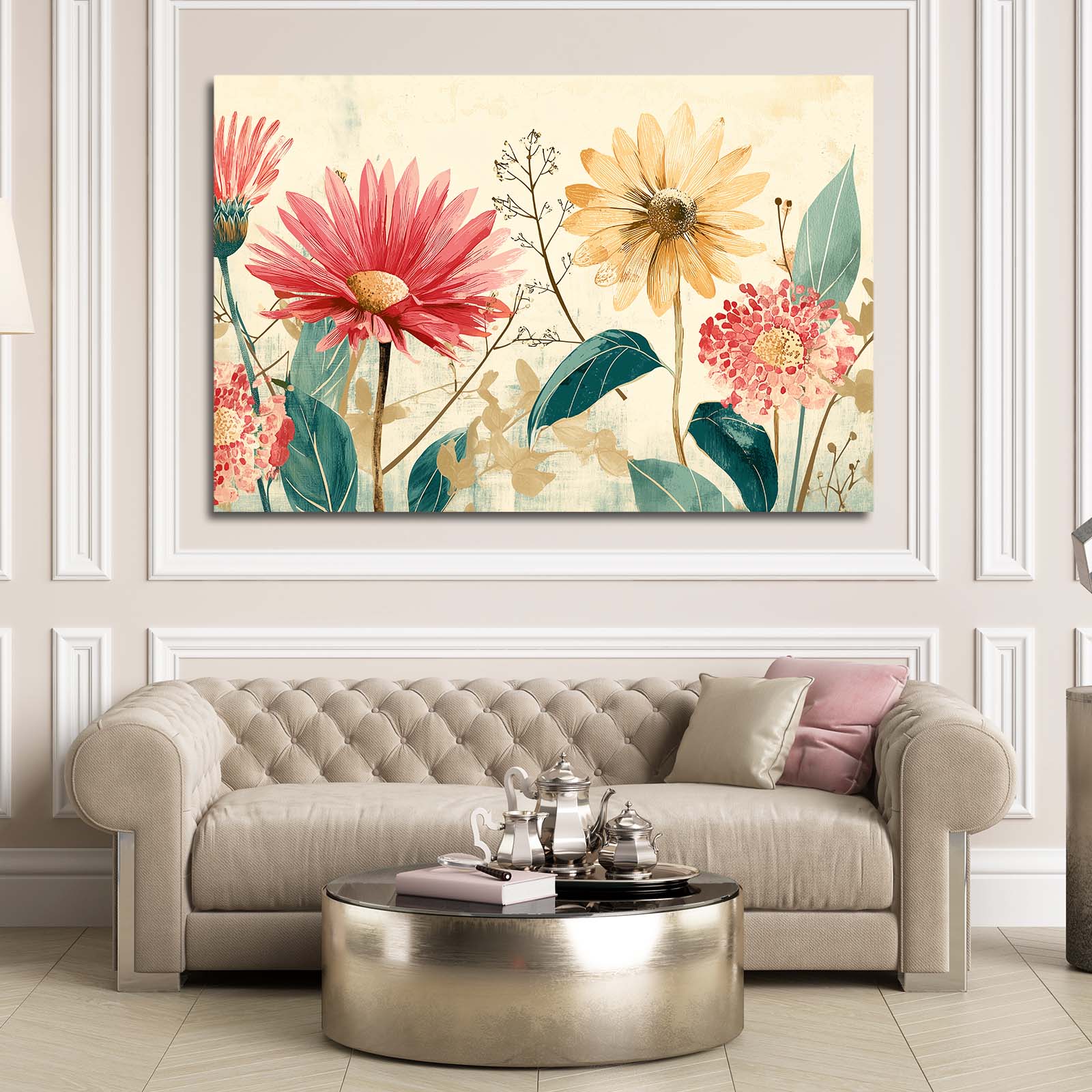 Pink Wildflower Bouquet Farmhouse Prints – styled in a furnished interior