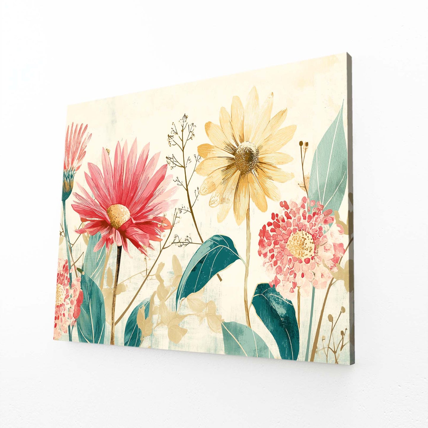 Pink Wildflower Bouquet Farmhouse Prints – angled canvas view on white background