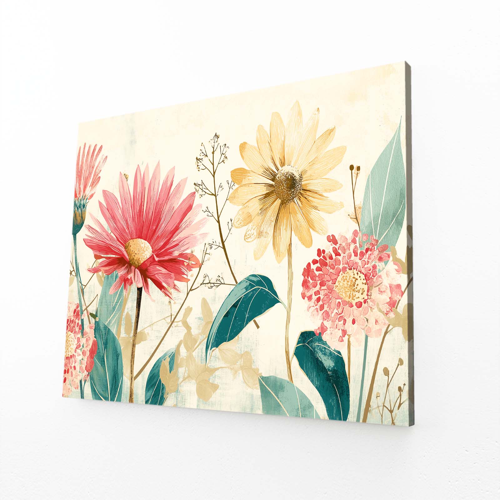 Pink Wildflower Bouquet Farmhouse Prints – angled canvas view on white background