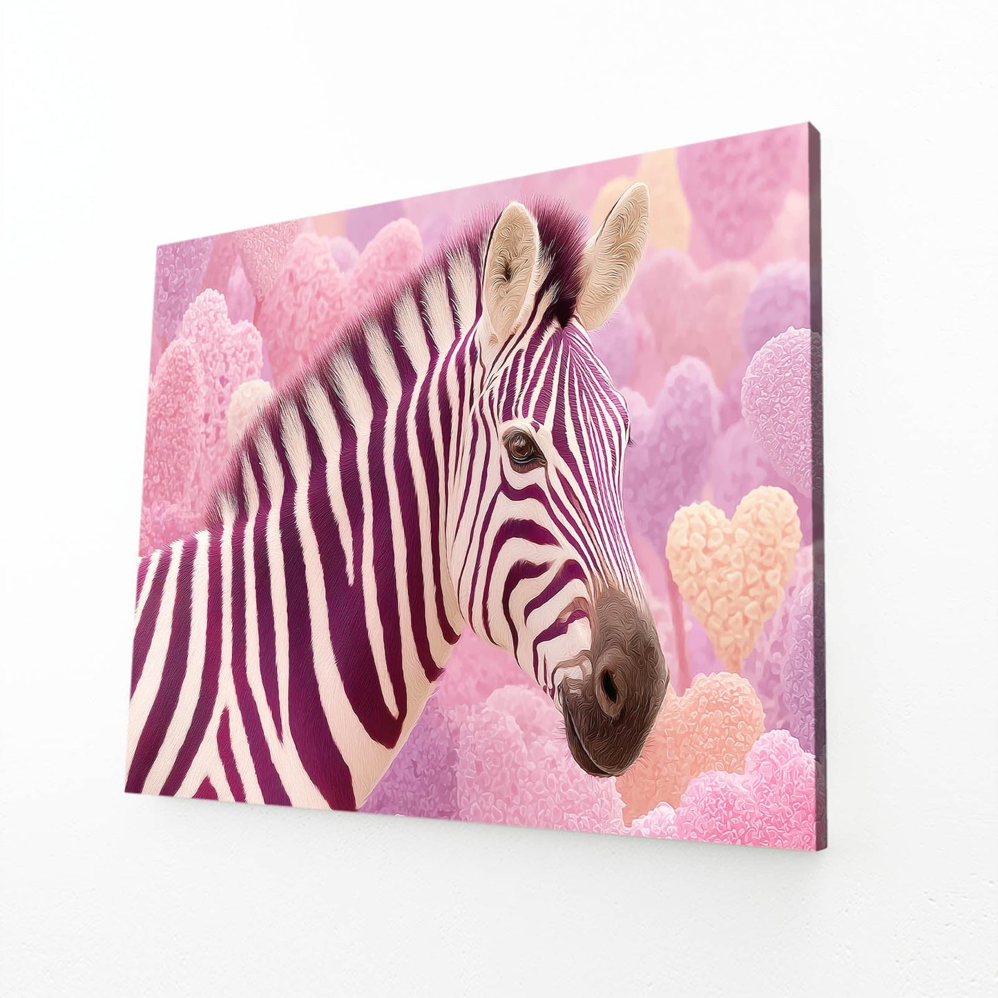 Pink Zebra Art – angled canvas view on white background