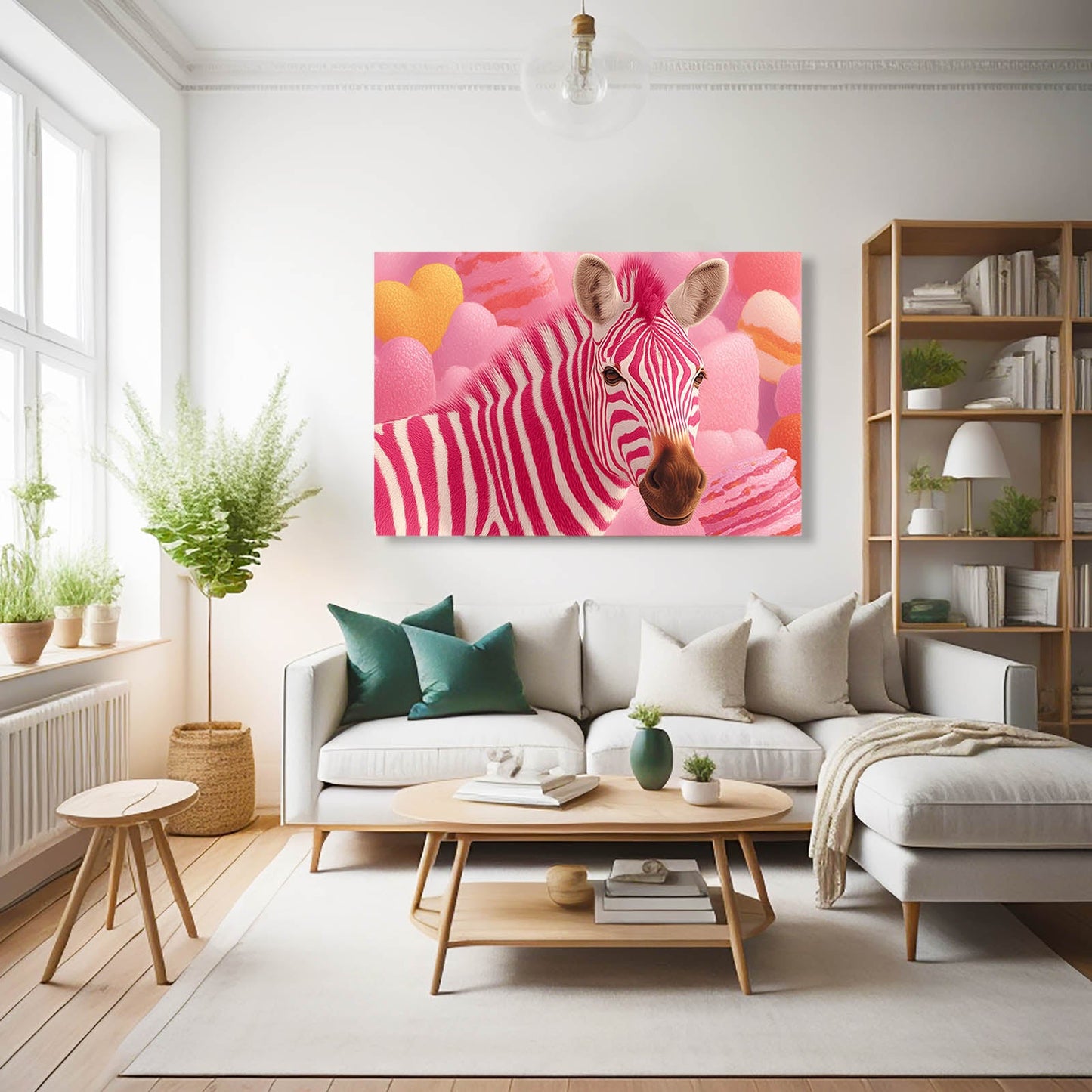 Pink Zebra Canvas Art – styled in a furnished interior