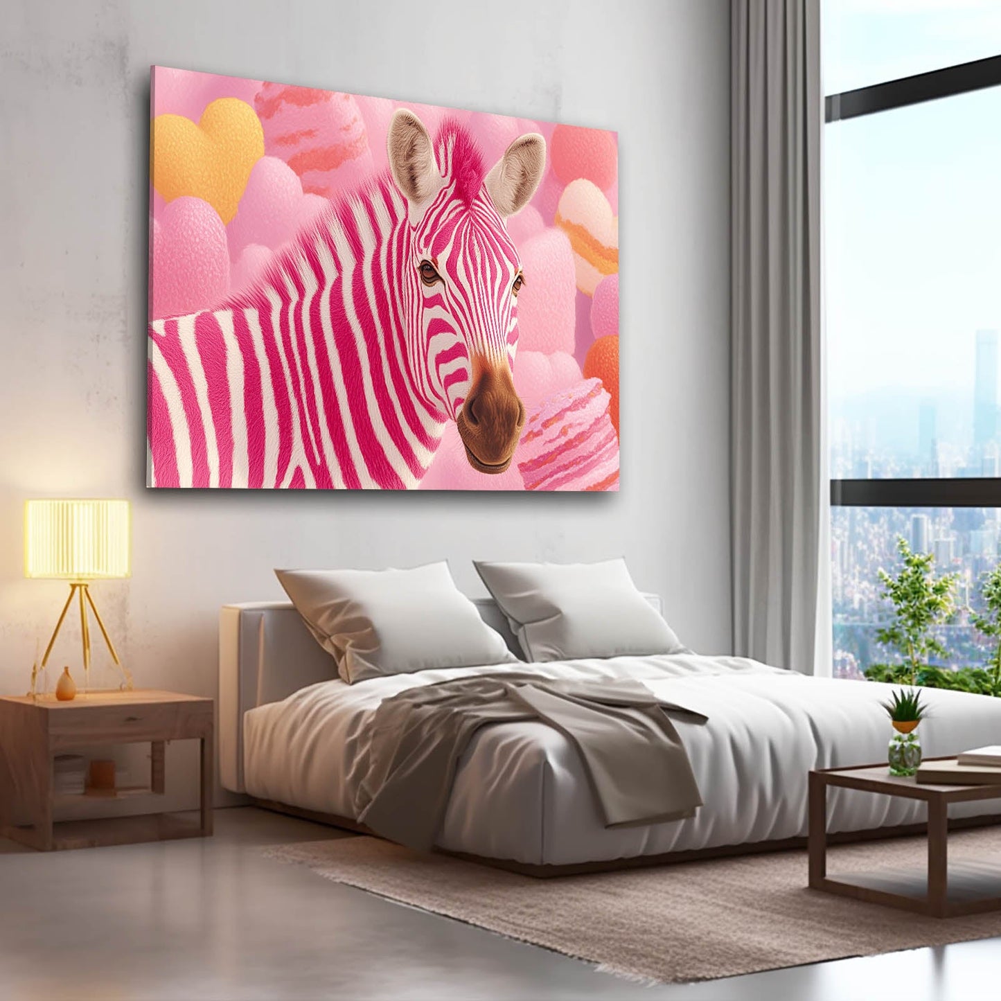 Pink Zebra Canvas Art – styled in a furnished interior