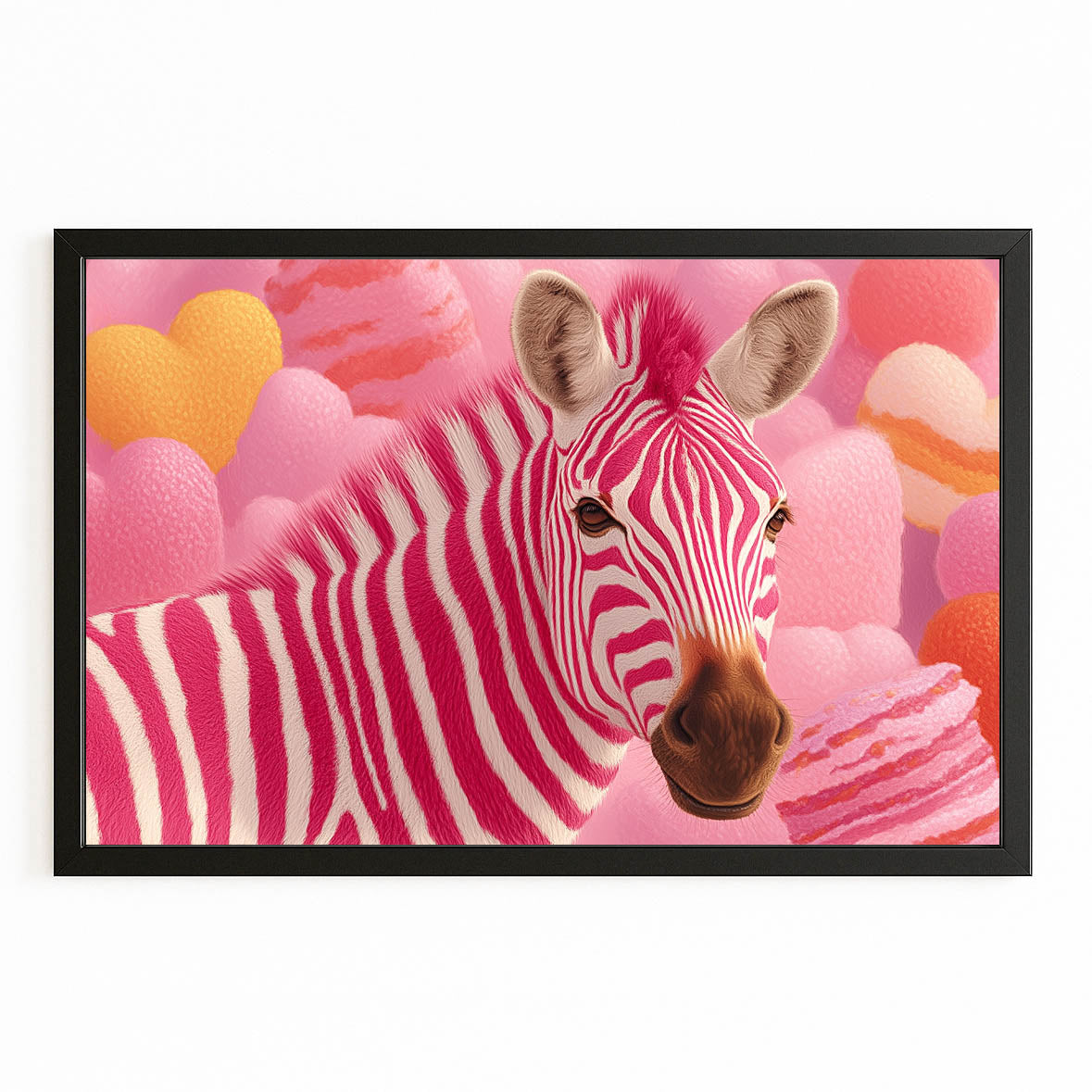 Pink Zebra Canvas Art – with Premium Black frame on white background