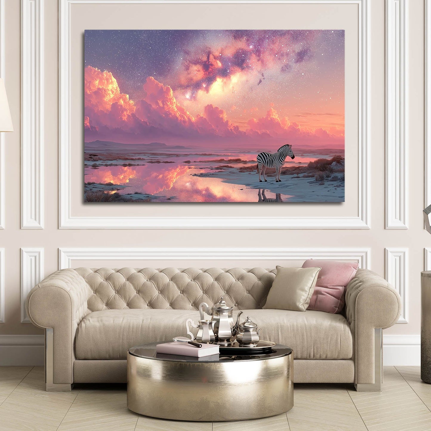 Pink Zebra Wall Art – styled in a furnished interior
