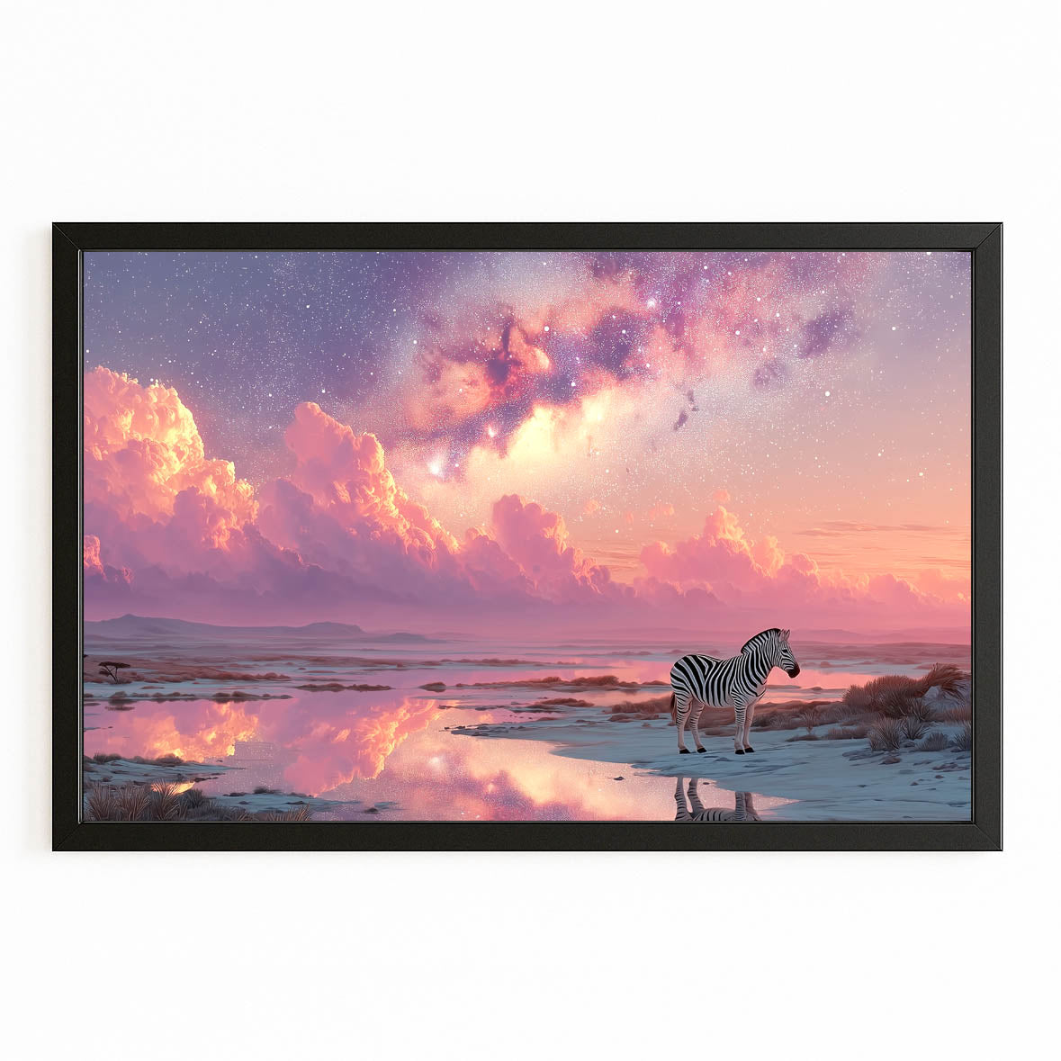 Pink Zebra Wall Art – with Premium Black frame on white background
