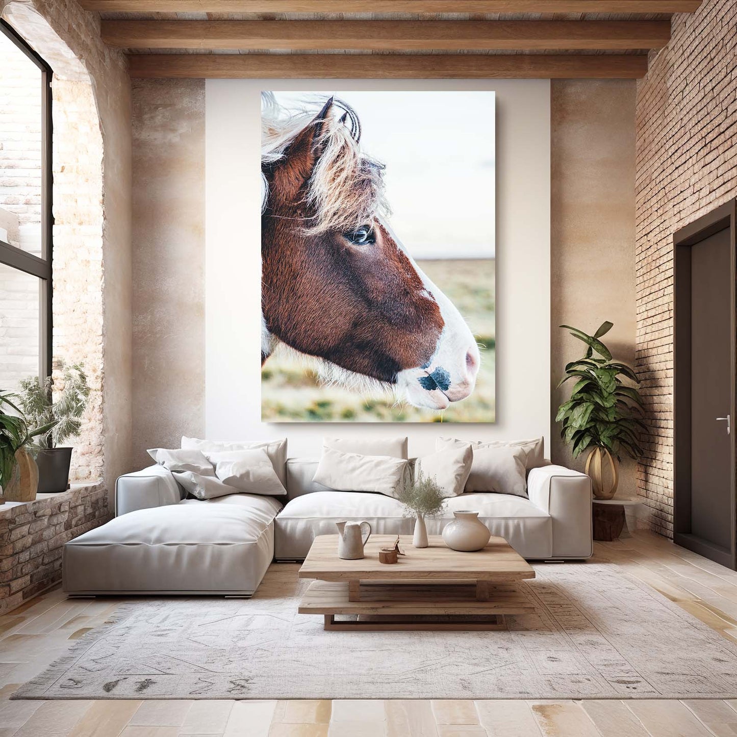 Pinto Field Portrait Horse Canvas — photography canvas print, styled in a furnished interior