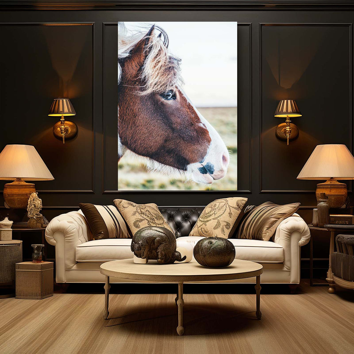Pinto Field Portrait Horse Canvas — photography canvas print, styled in a furnished interior