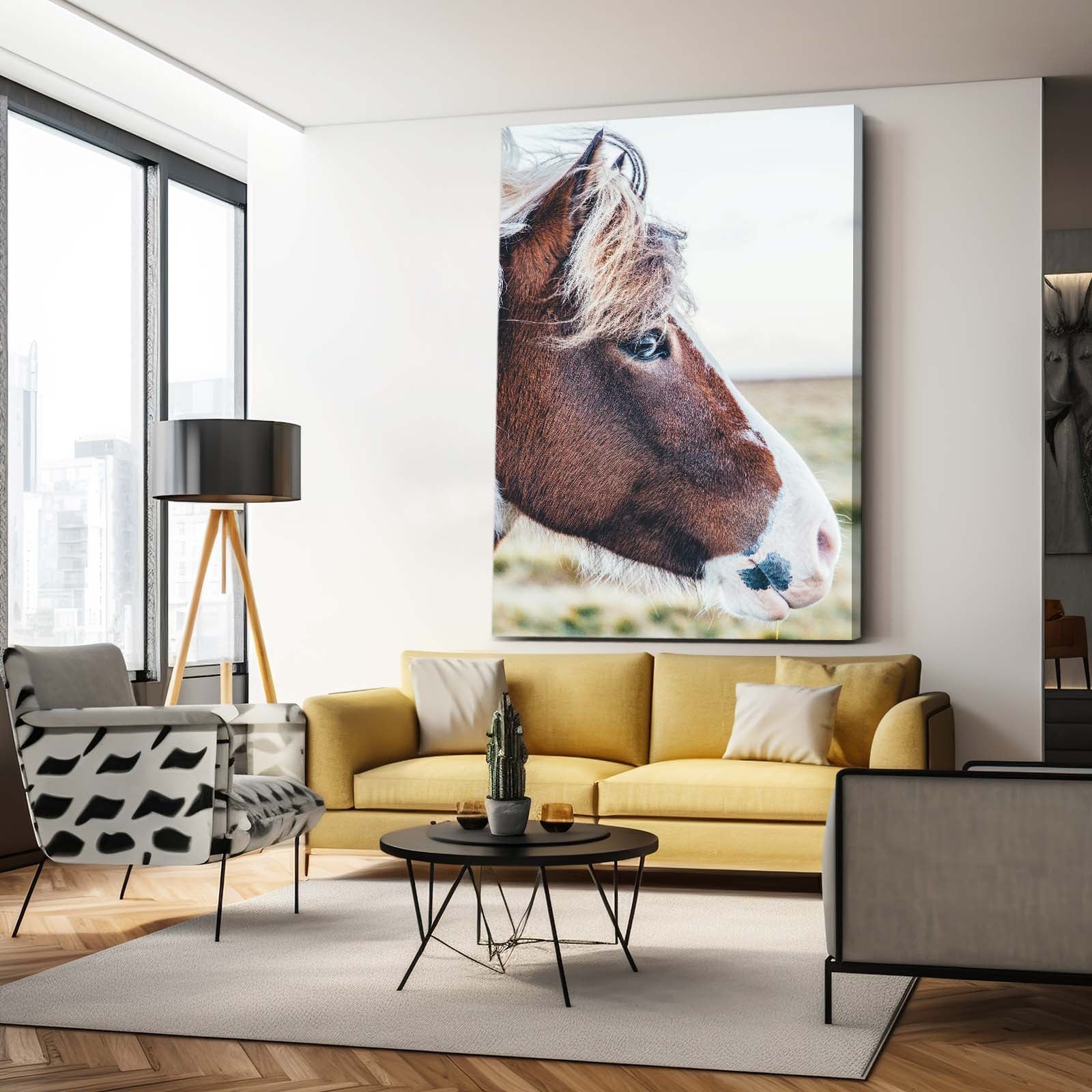 Pinto Field Portrait Horse Canvas — photography canvas print, styled in a furnished interior