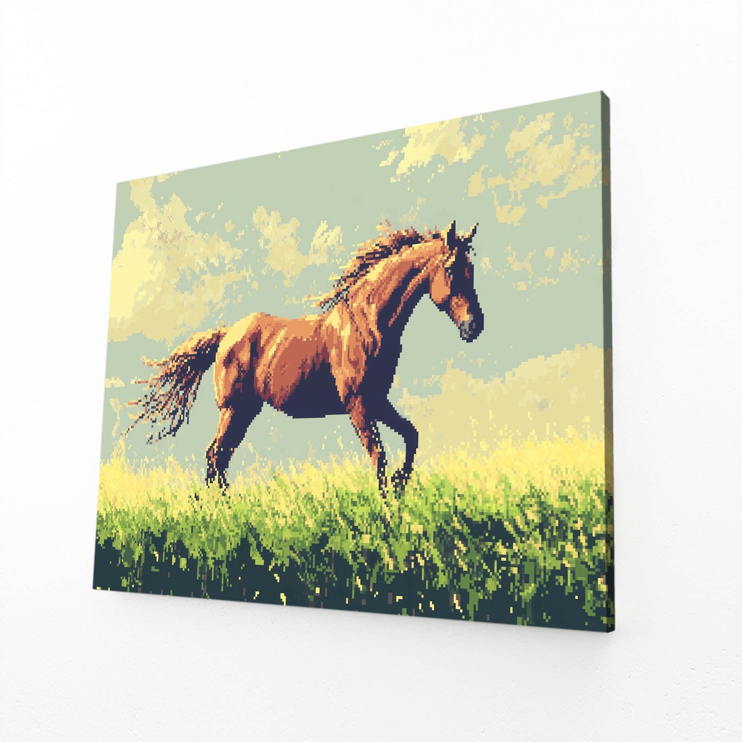 Pixel Horse Artwork – angled canvas view on white background