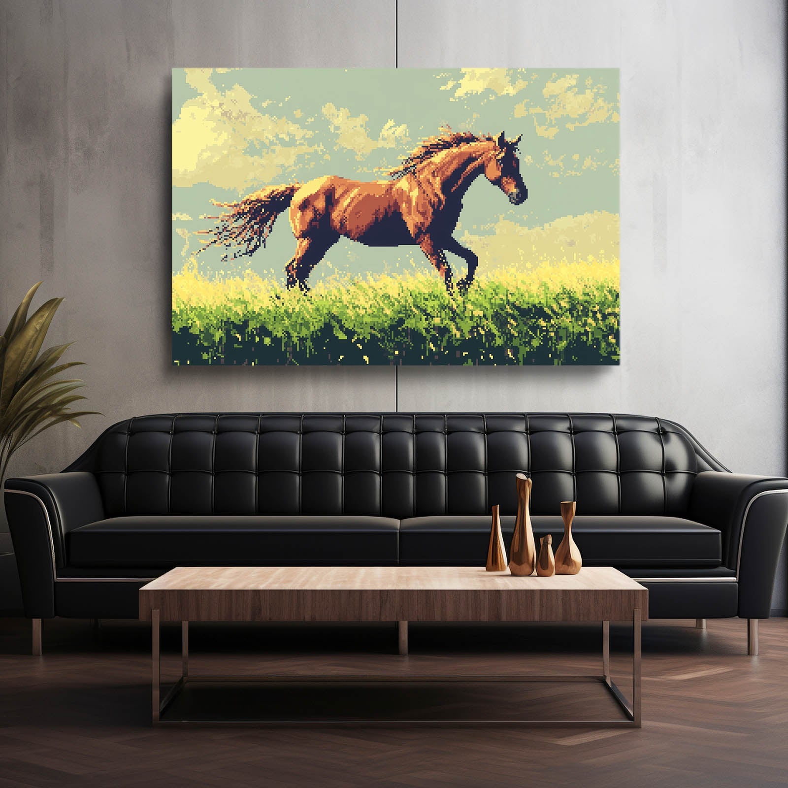 Pixel Horse Artwork – angled canvas view on white background