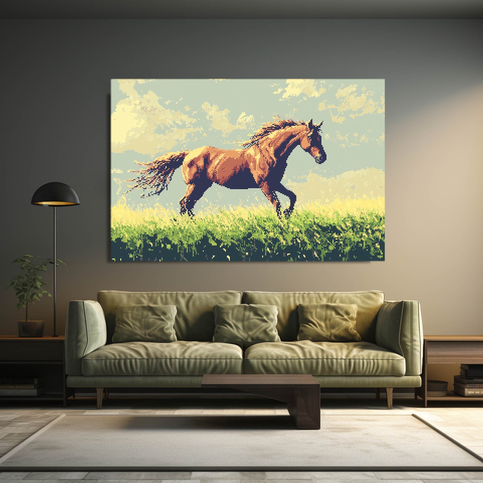 Pixel Horse Artwork – angled canvas view on white background