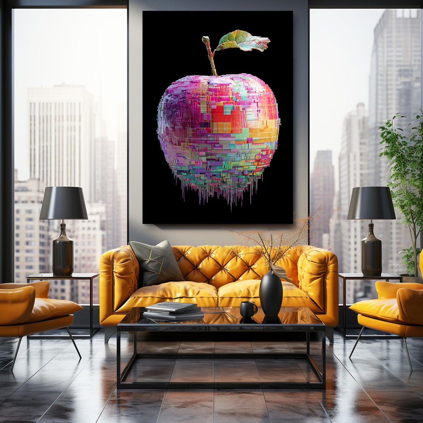 Pixel Mosaic Apple Prints – styled in a furnished interior