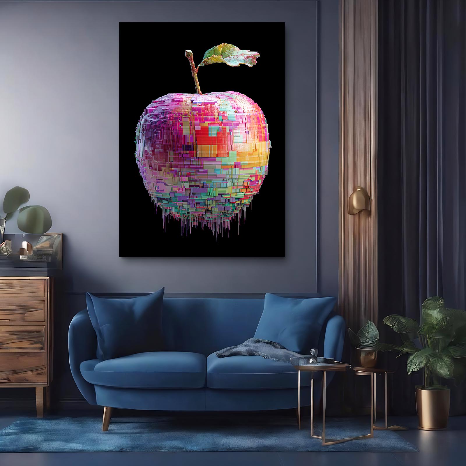 Pixel Mosaic Apple Prints – styled in a furnished interior