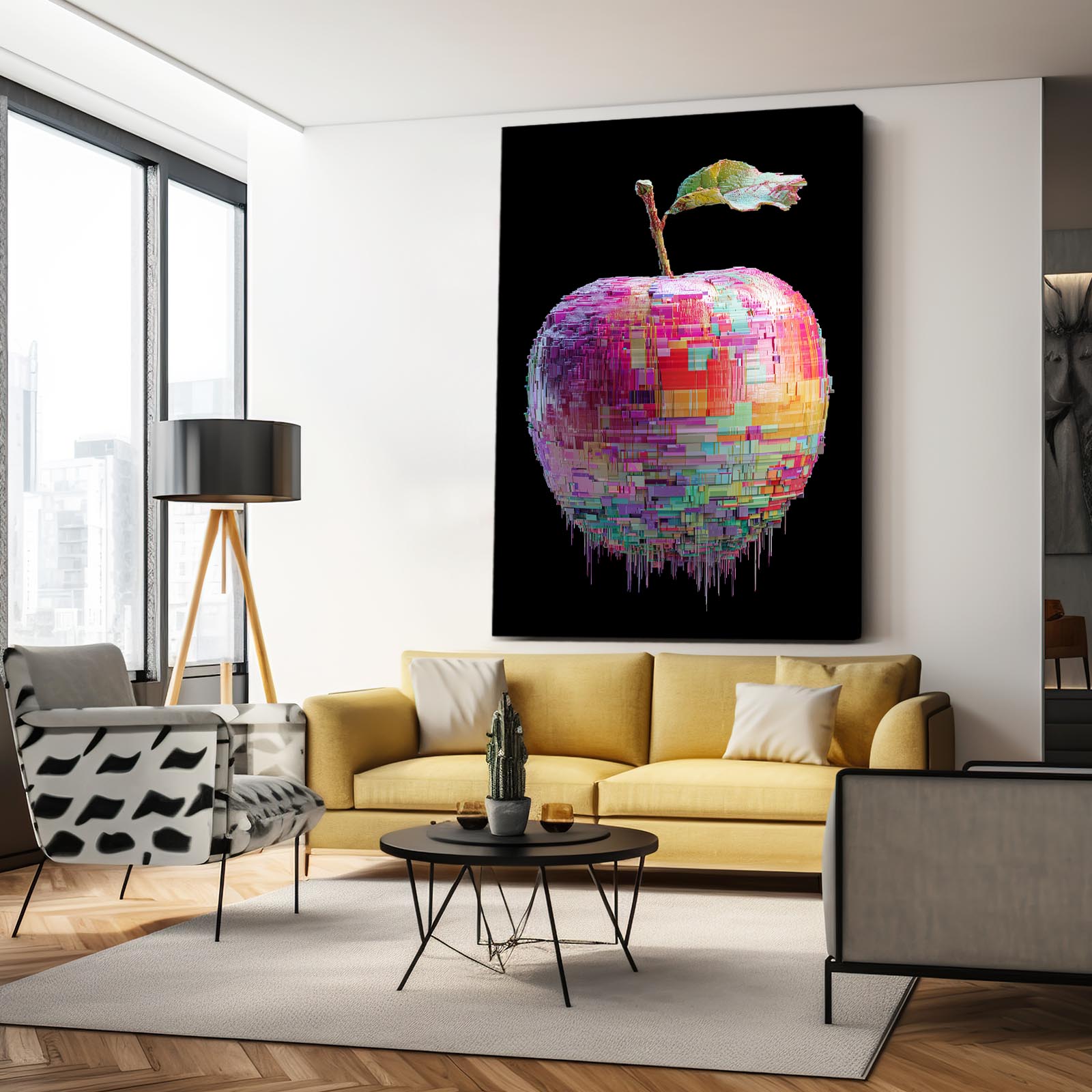 Pixel Mosaic Apple Prints – styled in a furnished interior