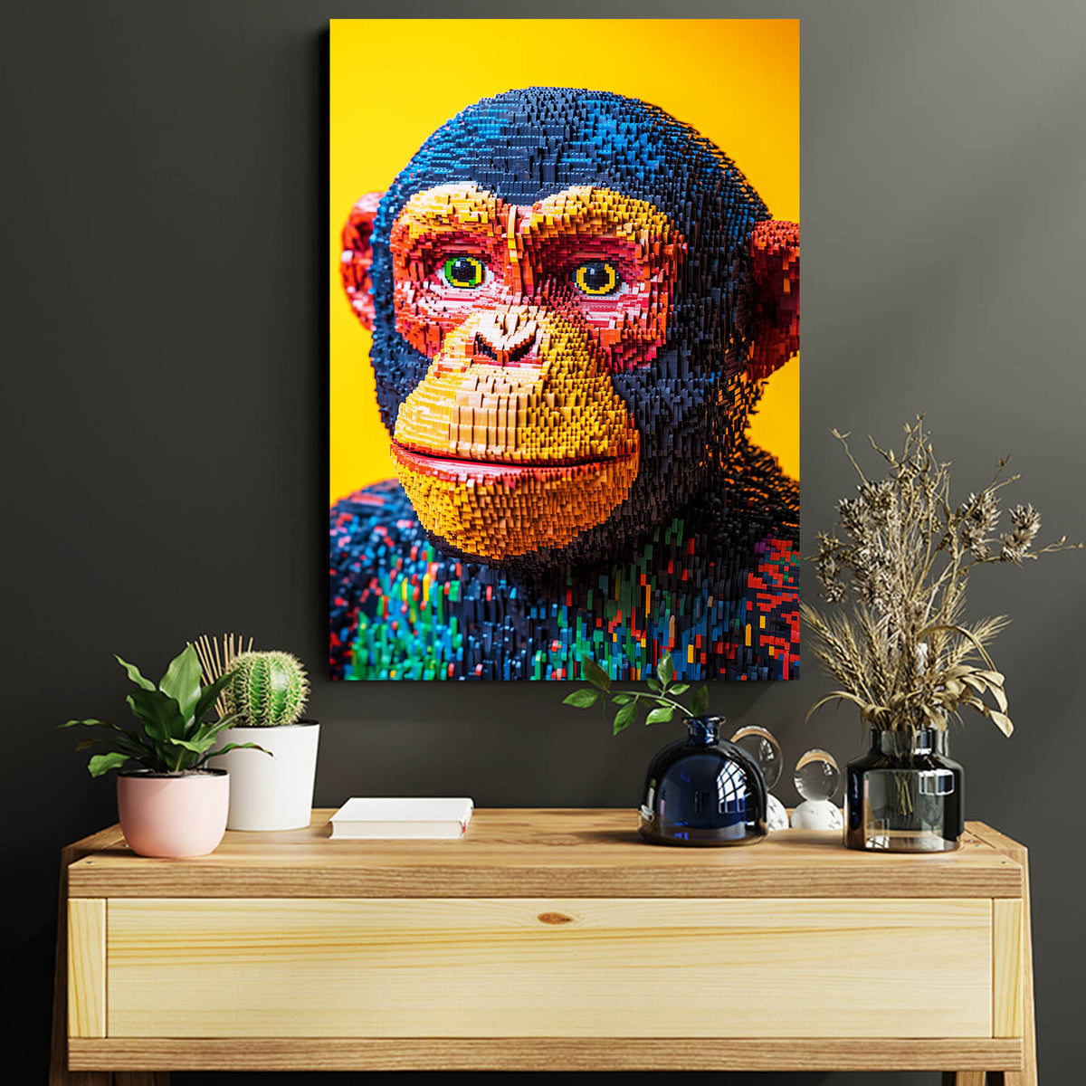 Pixel Mosaic Portrait Monkey Canvas — pop art canvas print, styled in a furnished interior