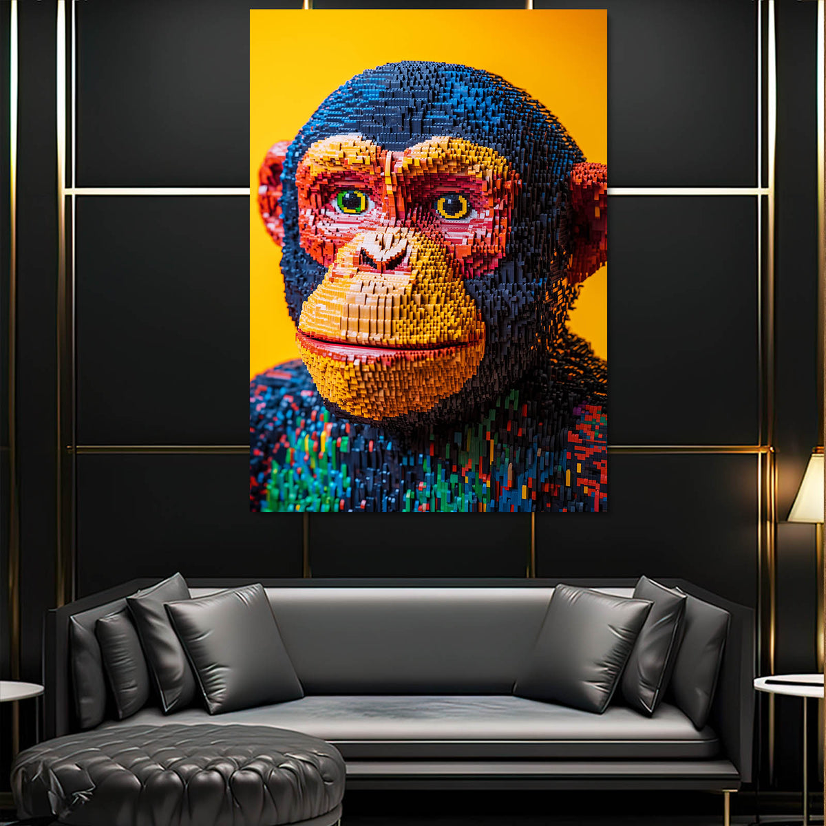 Pixel Mosaic Portrait Monkey Canvas — pop art canvas print, styled in a furnished interior