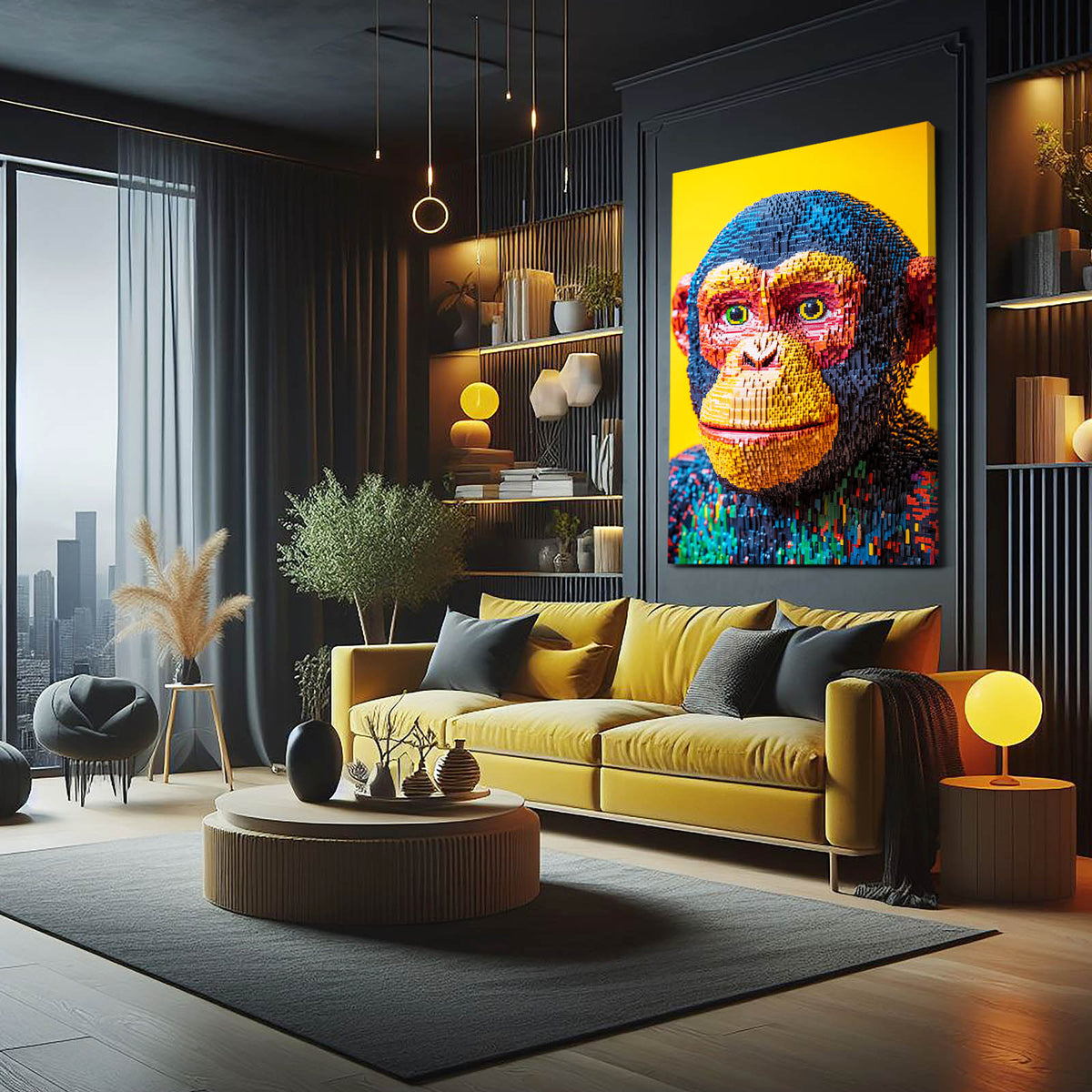Pixel Mosaic Portrait Monkey Canvas — pop art canvas print, styled in a furnished interior